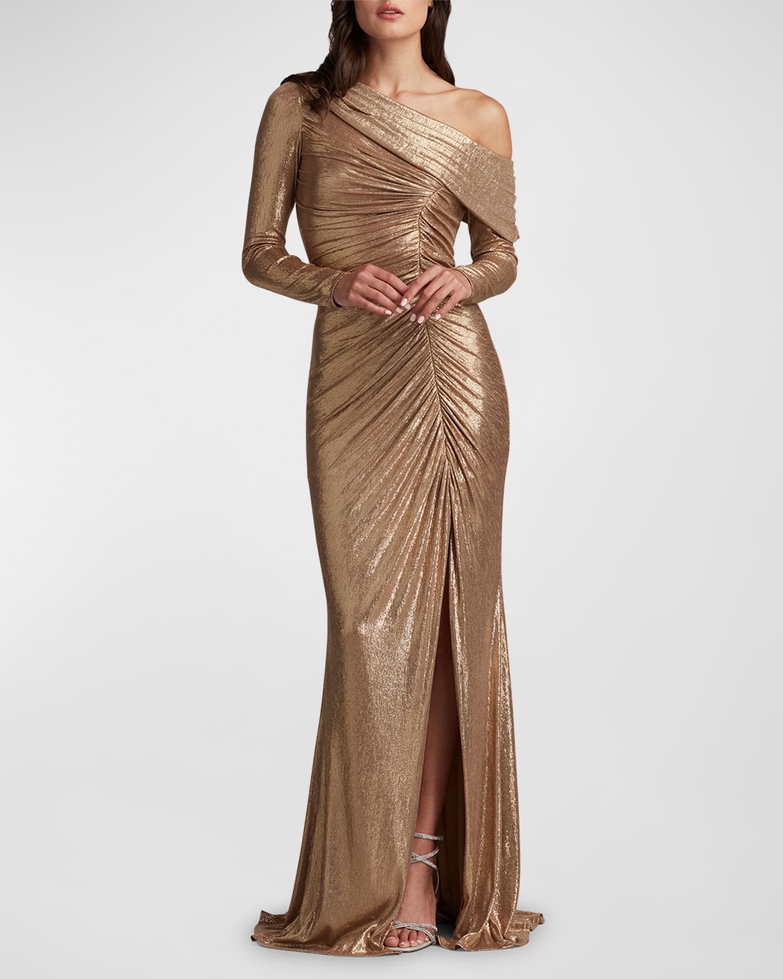 Ruched One-Shoulder Metallic Gown