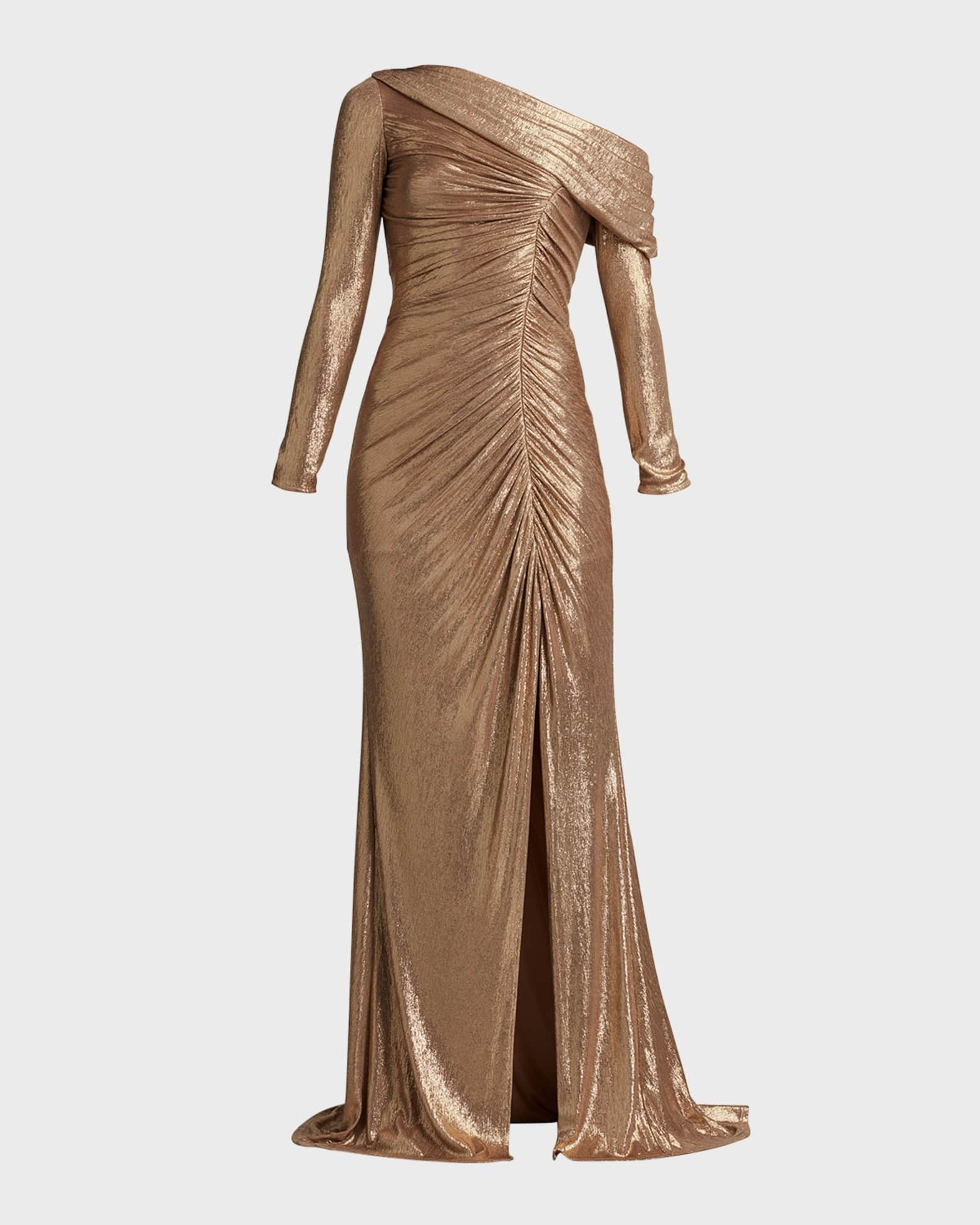 Tadashi Shoji Ruched One-Shoulder Metallic Gown | Neiman Marcus