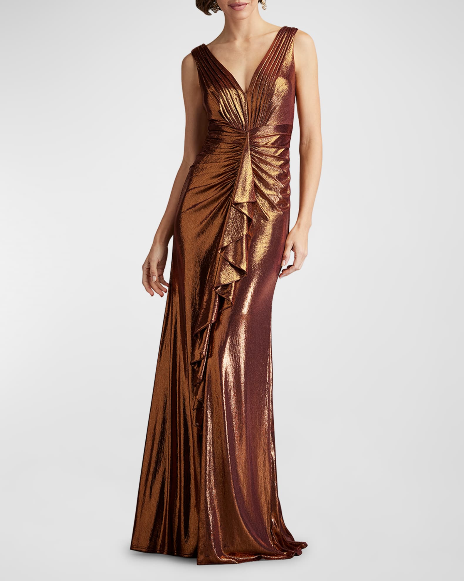 Tadashi Shoji Pleated Metallic Jersey Column Gown | Neiman Marcus