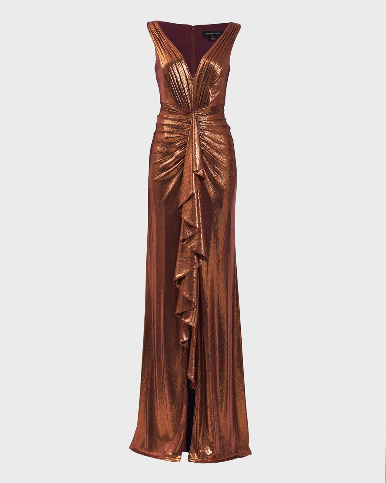 Tadashi Shoji Pleated Metallic Jersey Column Gown | Neiman Marcus