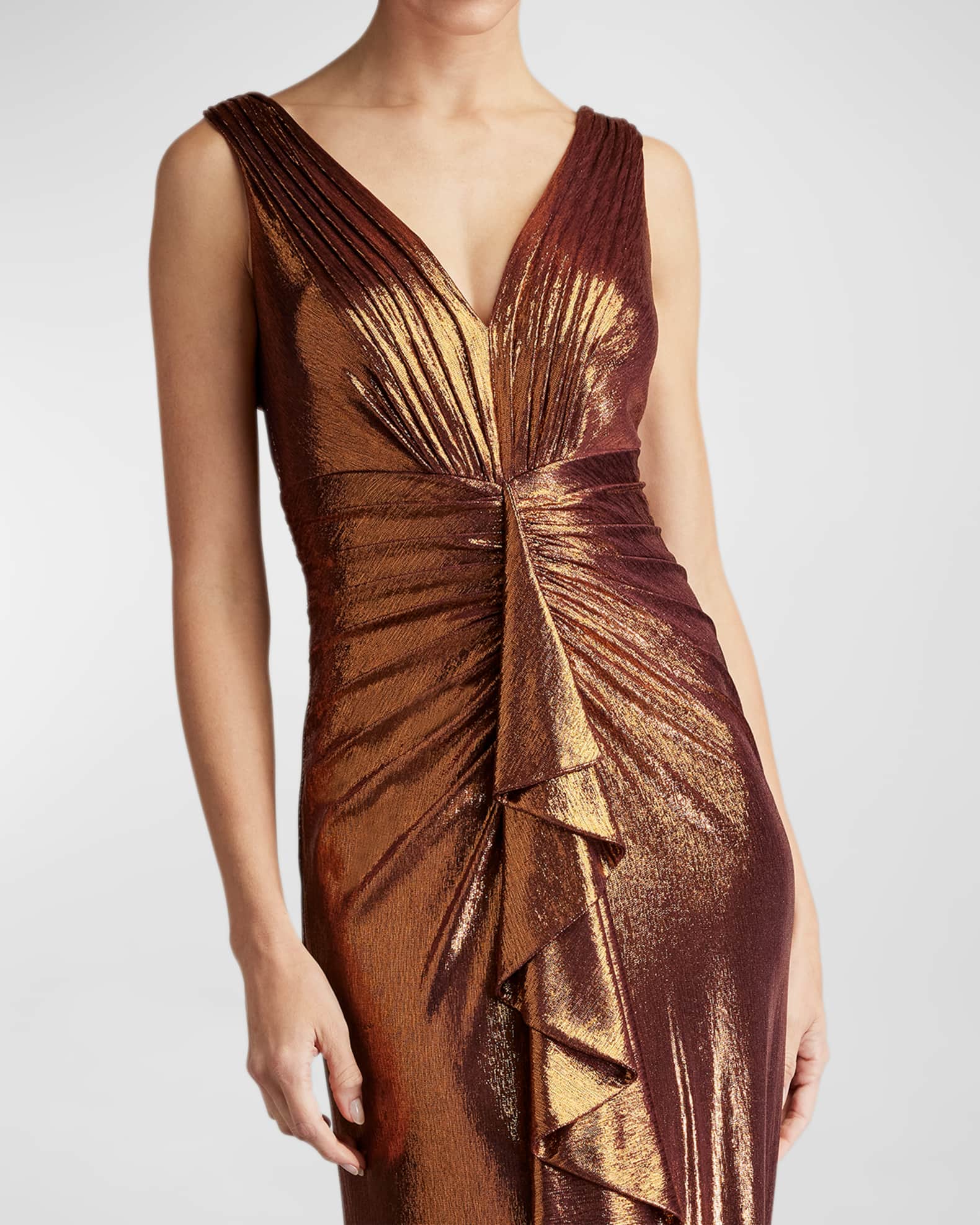 Tadashi Shoji Pleated Metallic Jersey Column Gown | Neiman Marcus