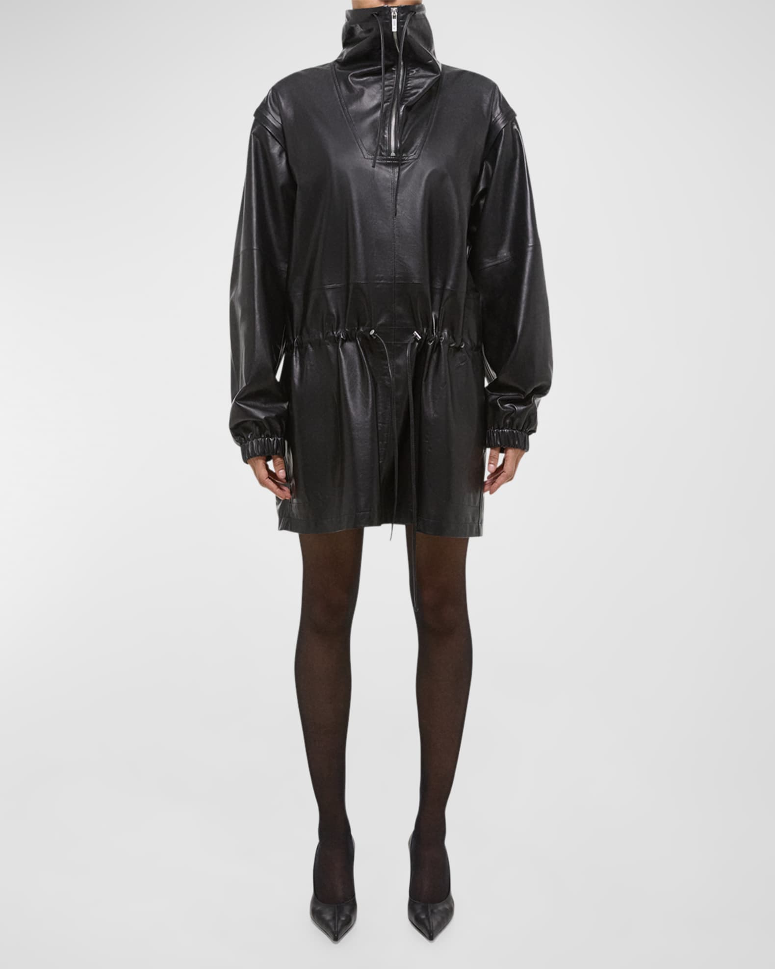 Leather Drawstring Coat with Removable Sleeves 1