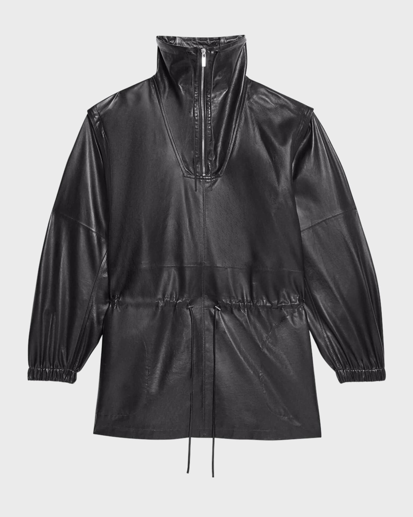 Leather Drawstring Coat with Removable Sleeves 0