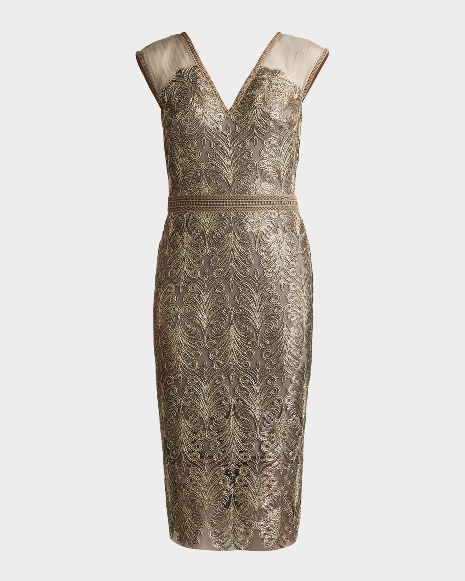 Tadashi Shoji Embellished Lace Knee Length Dress Smoke Pearl