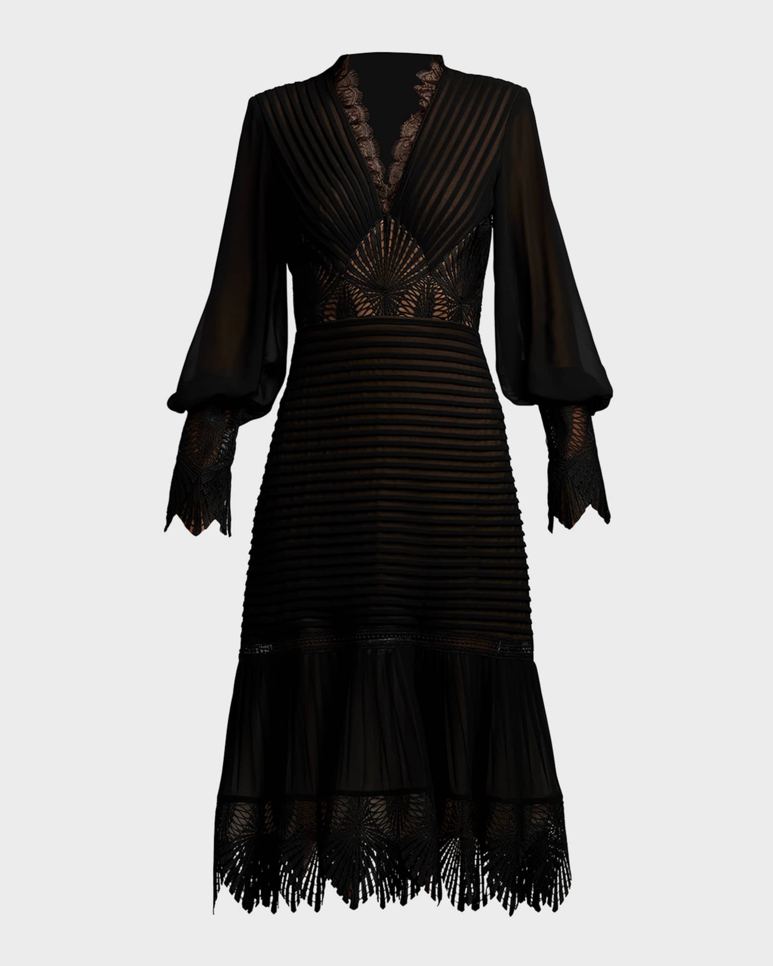 Lace Inset Pleated Chiffon Midi Dress