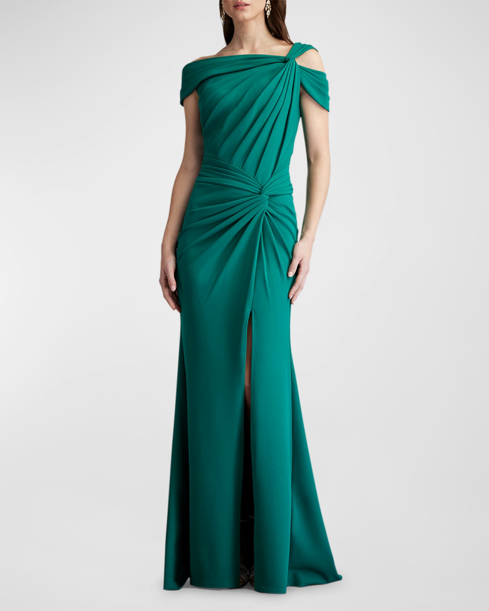 Tadashi Shoji Pleated Cold Shoulder Crepe Gown Neiman Marcus