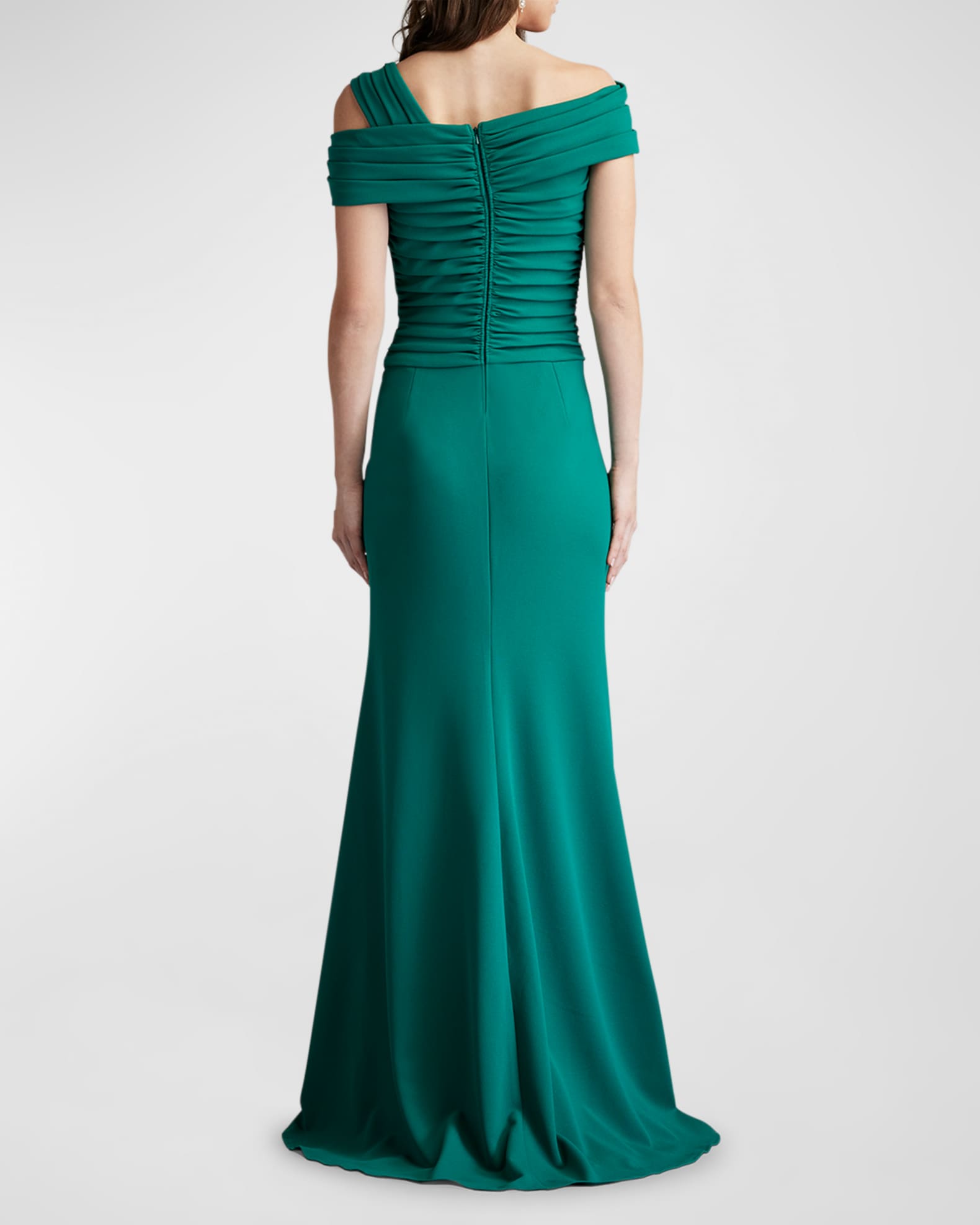 Pleated Cold Shoulder Crepe Gown