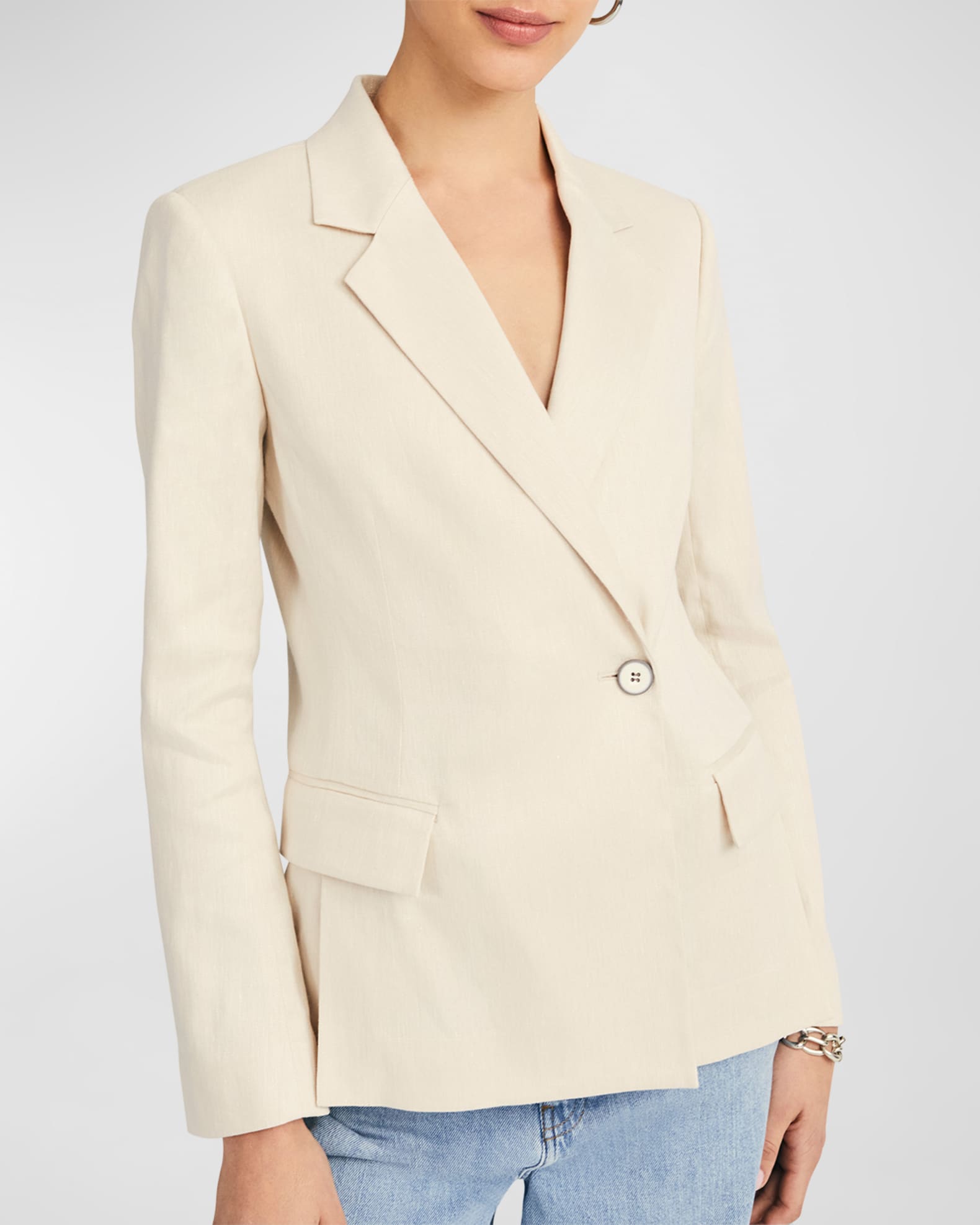 Kinga Single-Breasted, Linen Blazer with Faux Pockets by Part Two - Navy Blue, Oatmeal, Pale Pink, Raspberry, Sage Green