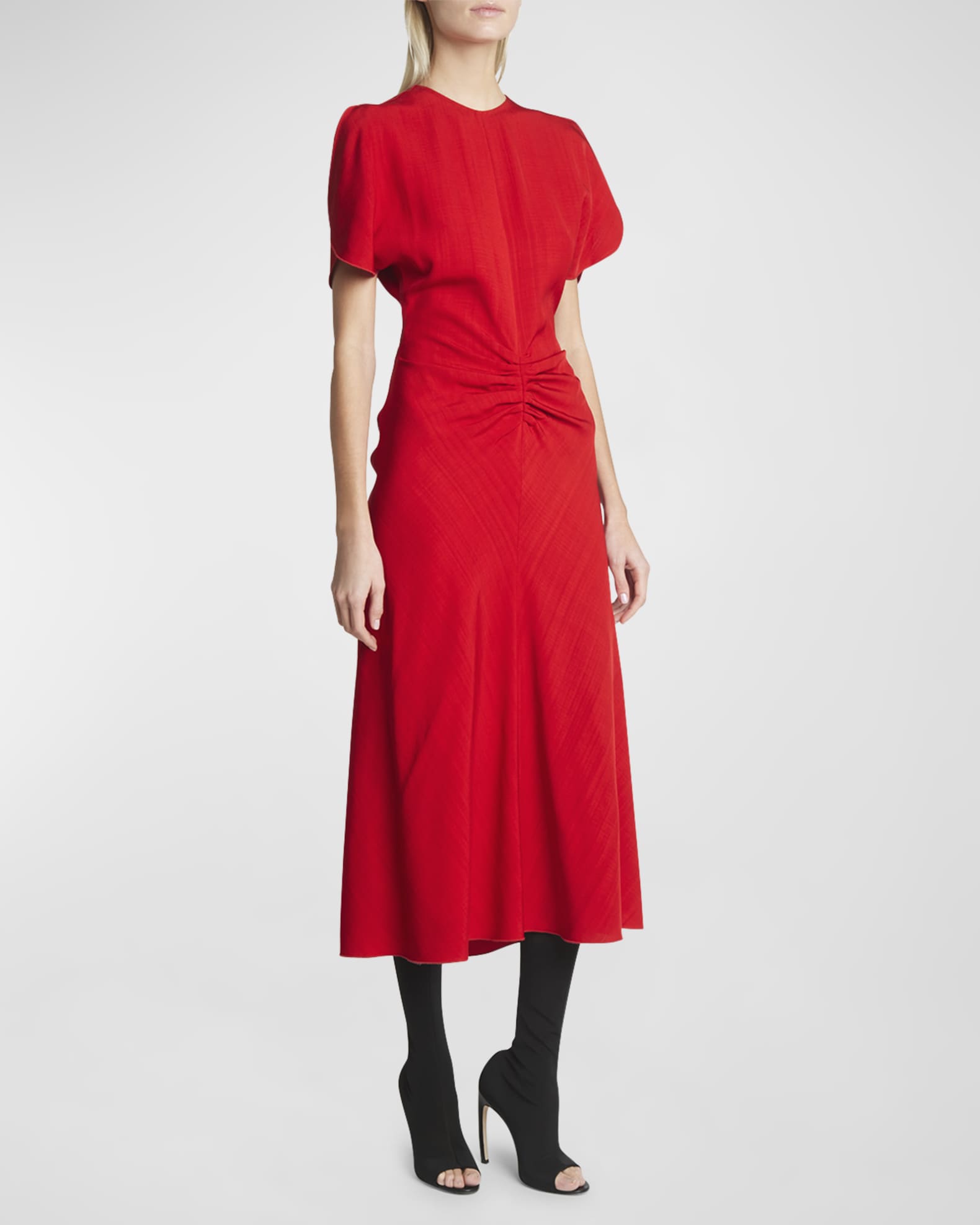Gathered-Waist Short-Sleeve Midi Dress
