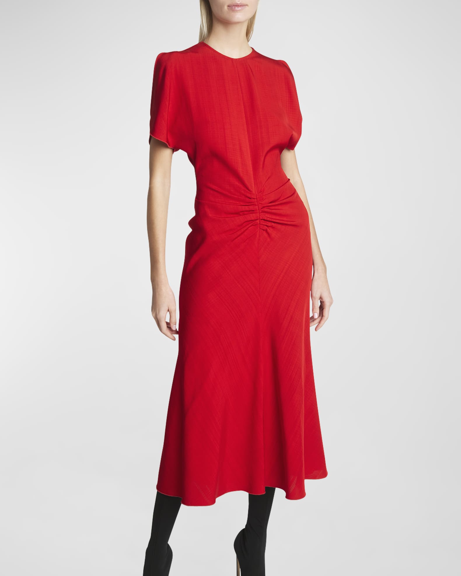 Victoria Beckham Gathered-Waist Short-Sleeve Midi Dress