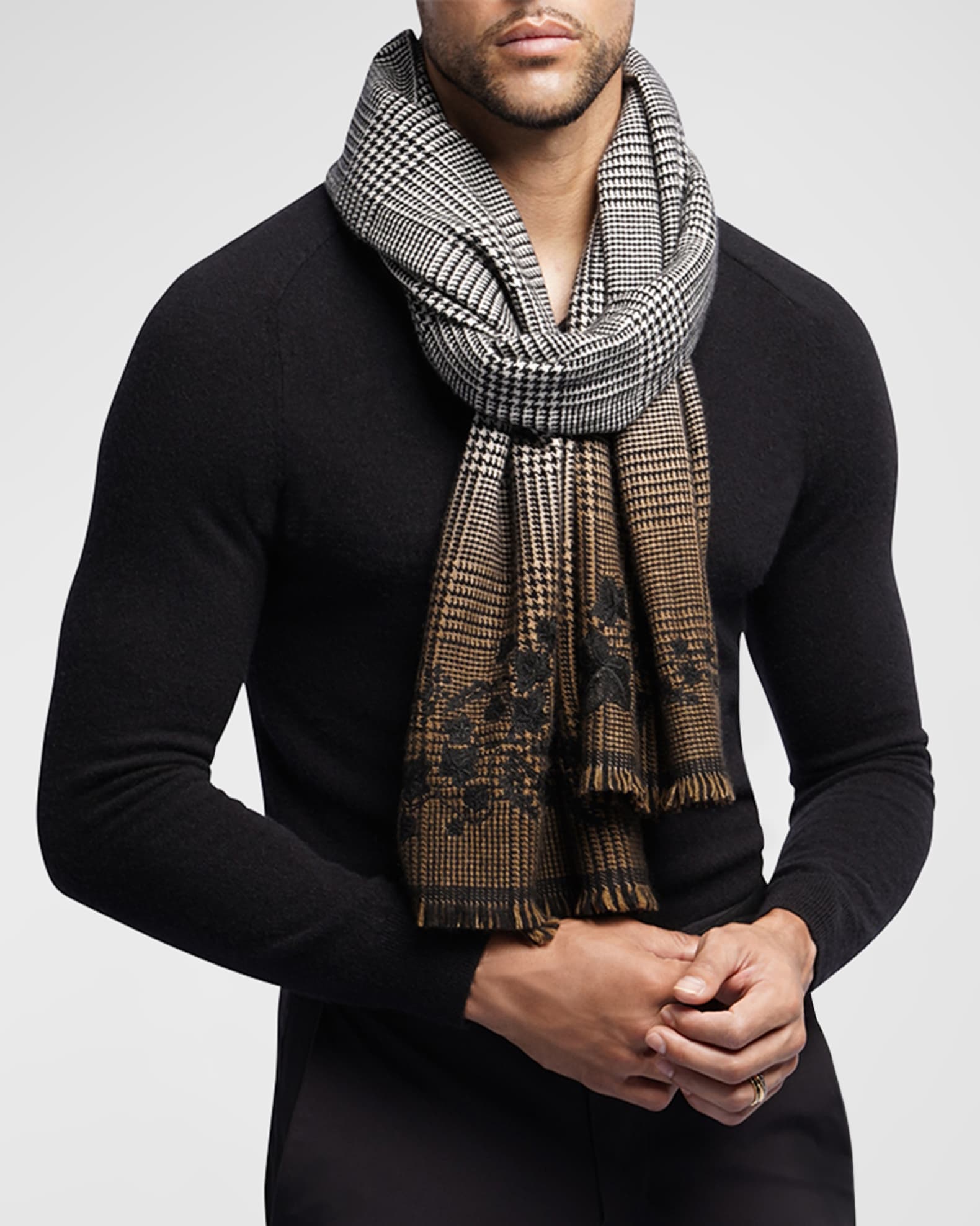 Ian Saude Men's Cashmere Prince of Wales Embroidered Scarf