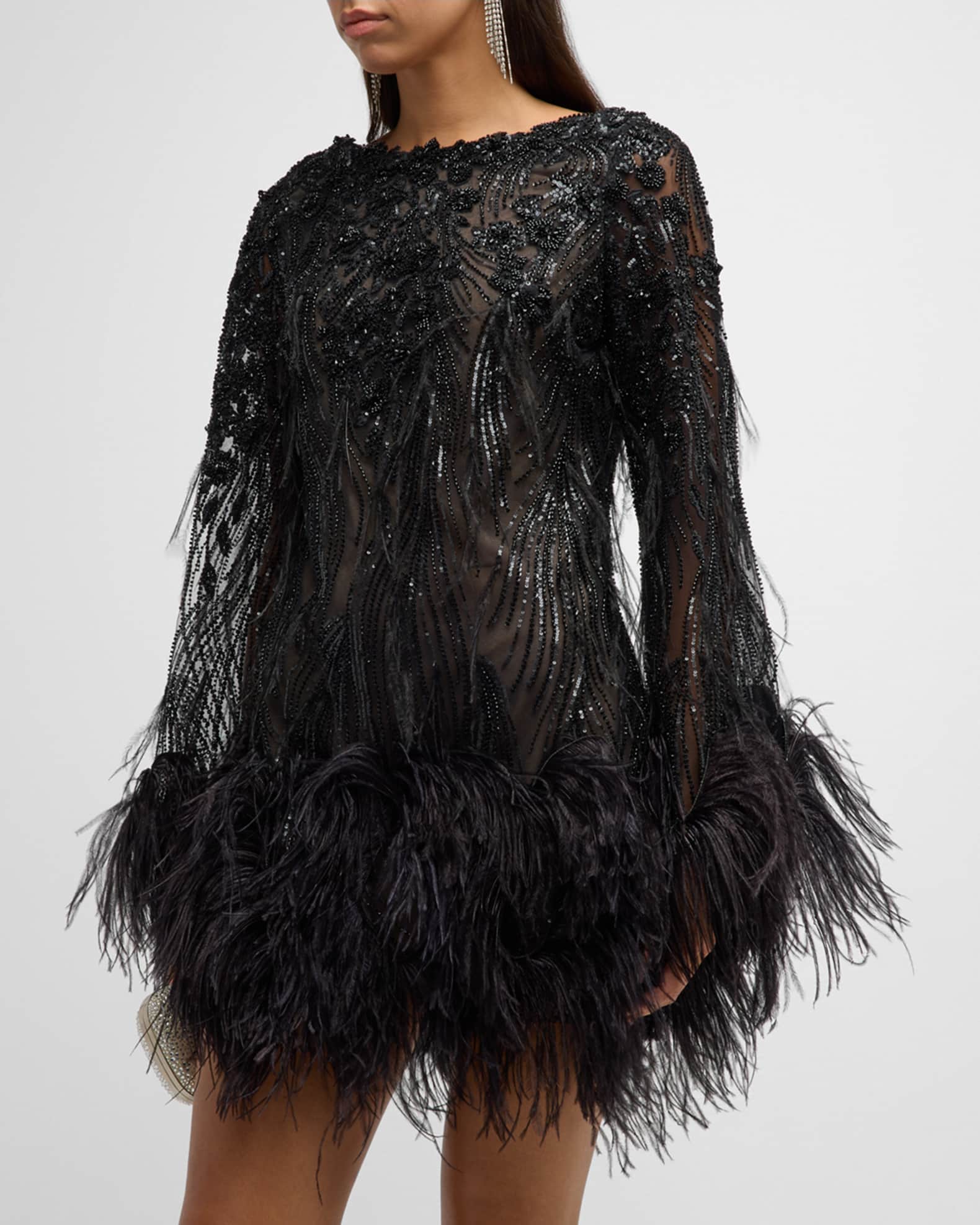 Embellished sequin maxi dress with faux feather trim discount
