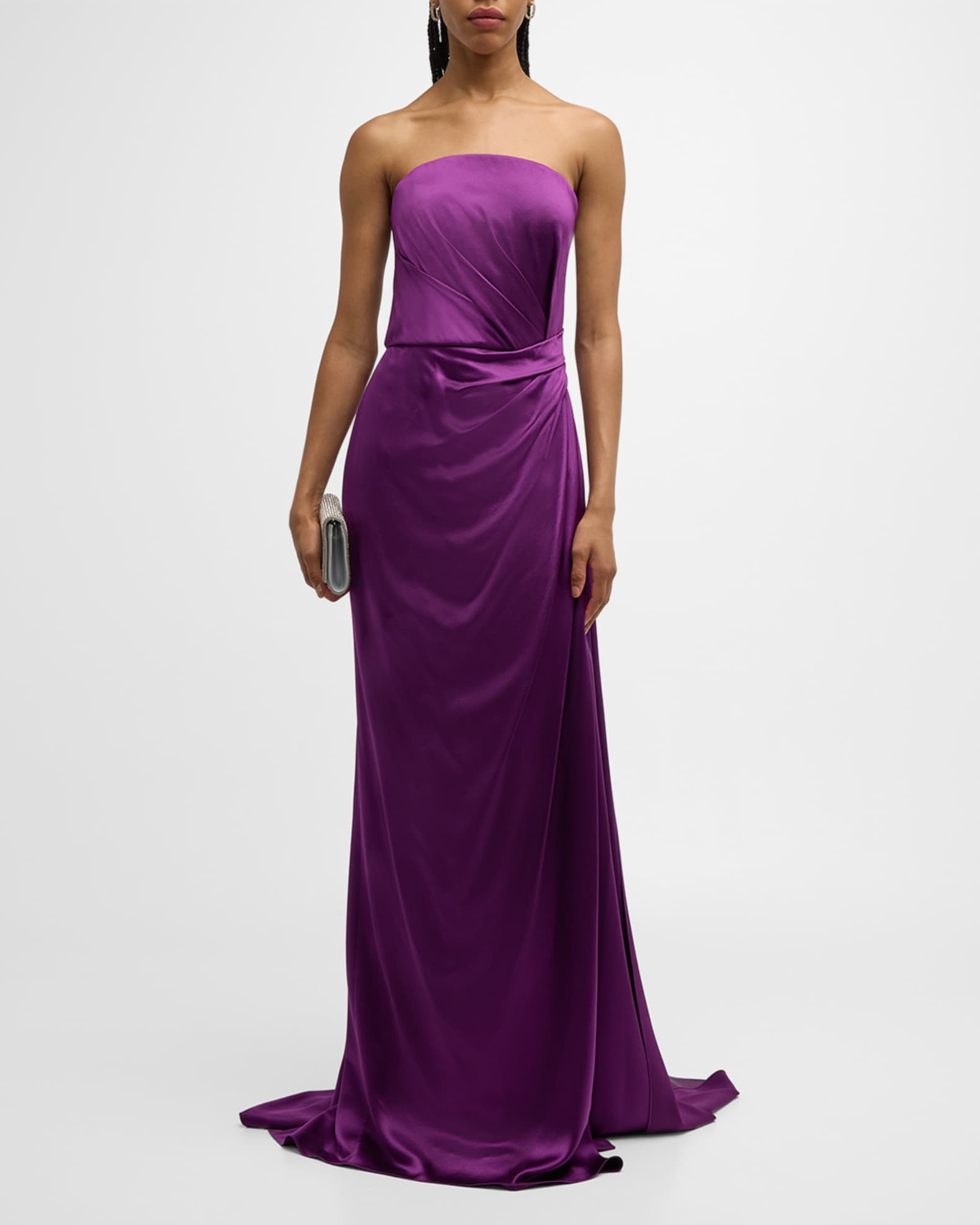 Marchesa Strapless Satin Hand Draped Gown with Slit Neiman Marcus