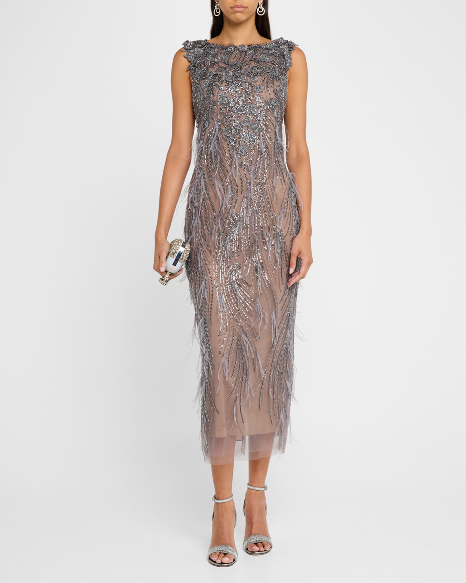 Marchesa Beaded Ostrich Feather Embroidered Cocktail Dress Gunmetal