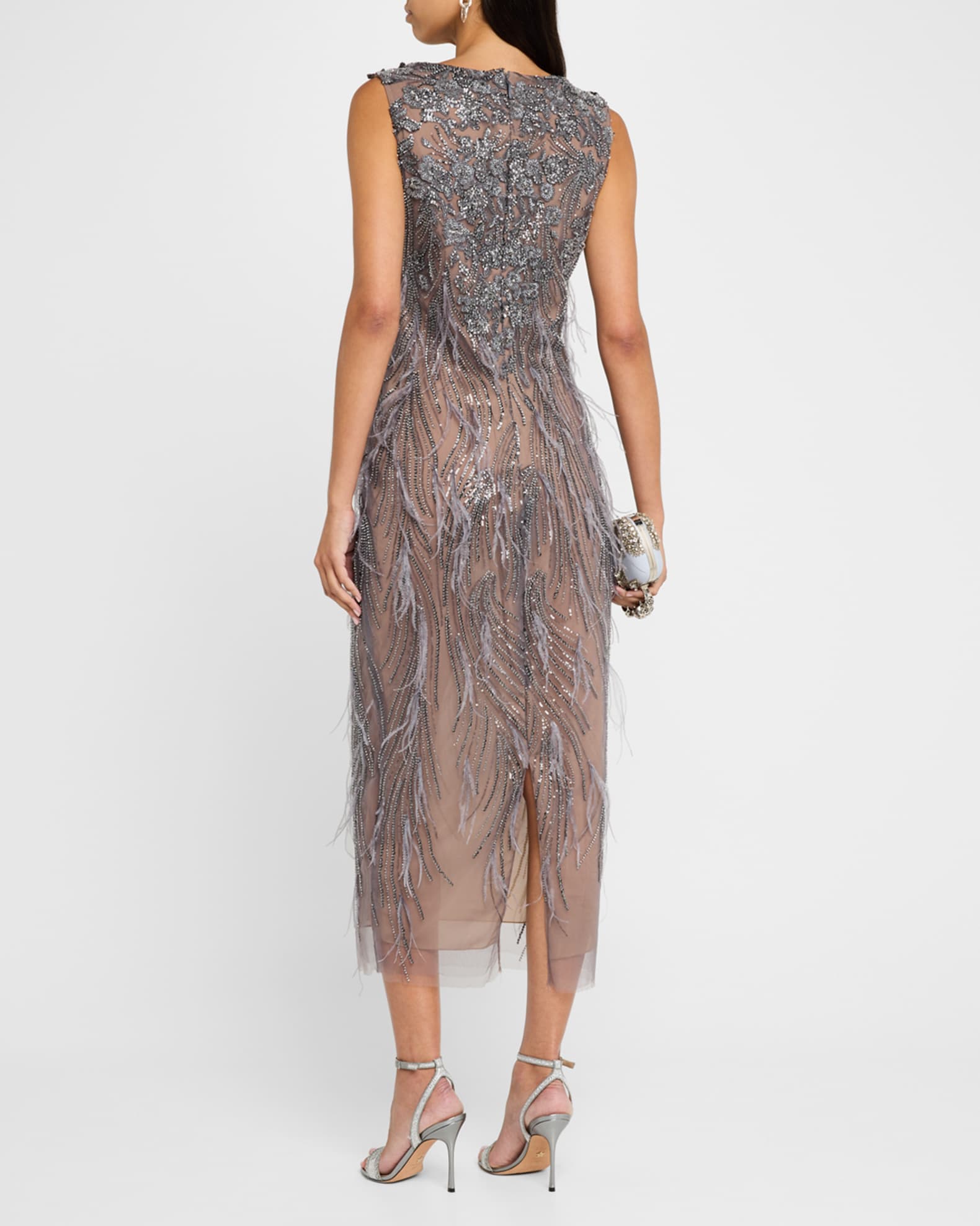 Beaded Ostrich Feather Embroidered Cocktail Dress