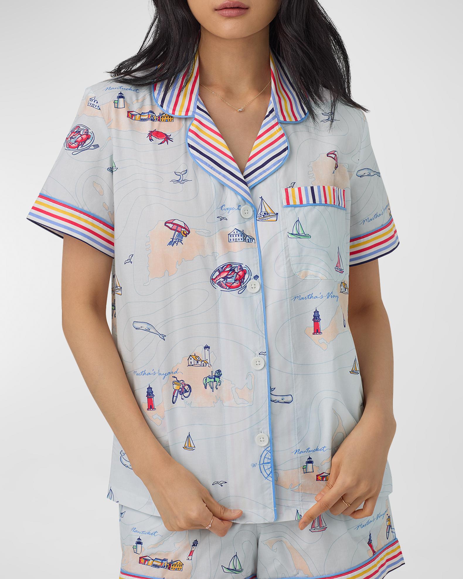 Normann Maritime Sleeveless Shorty Pajamas For Women - Lighthouse Motif, 100% Cotton, Plus Sizes Available