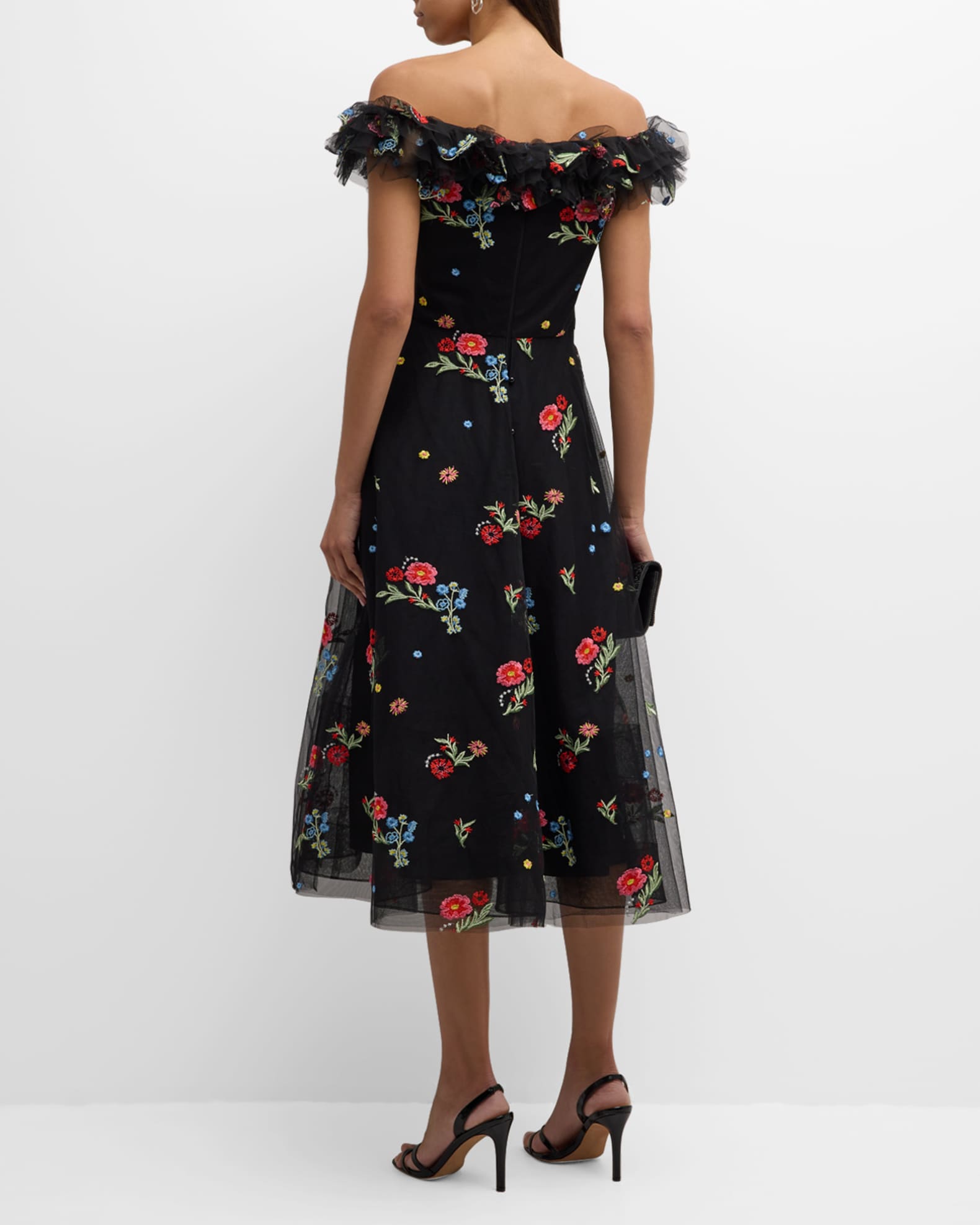 Rickie Freeman for Teri Jon Floral Embroidered Off Shoulder Midi Dress Neiman Marcus