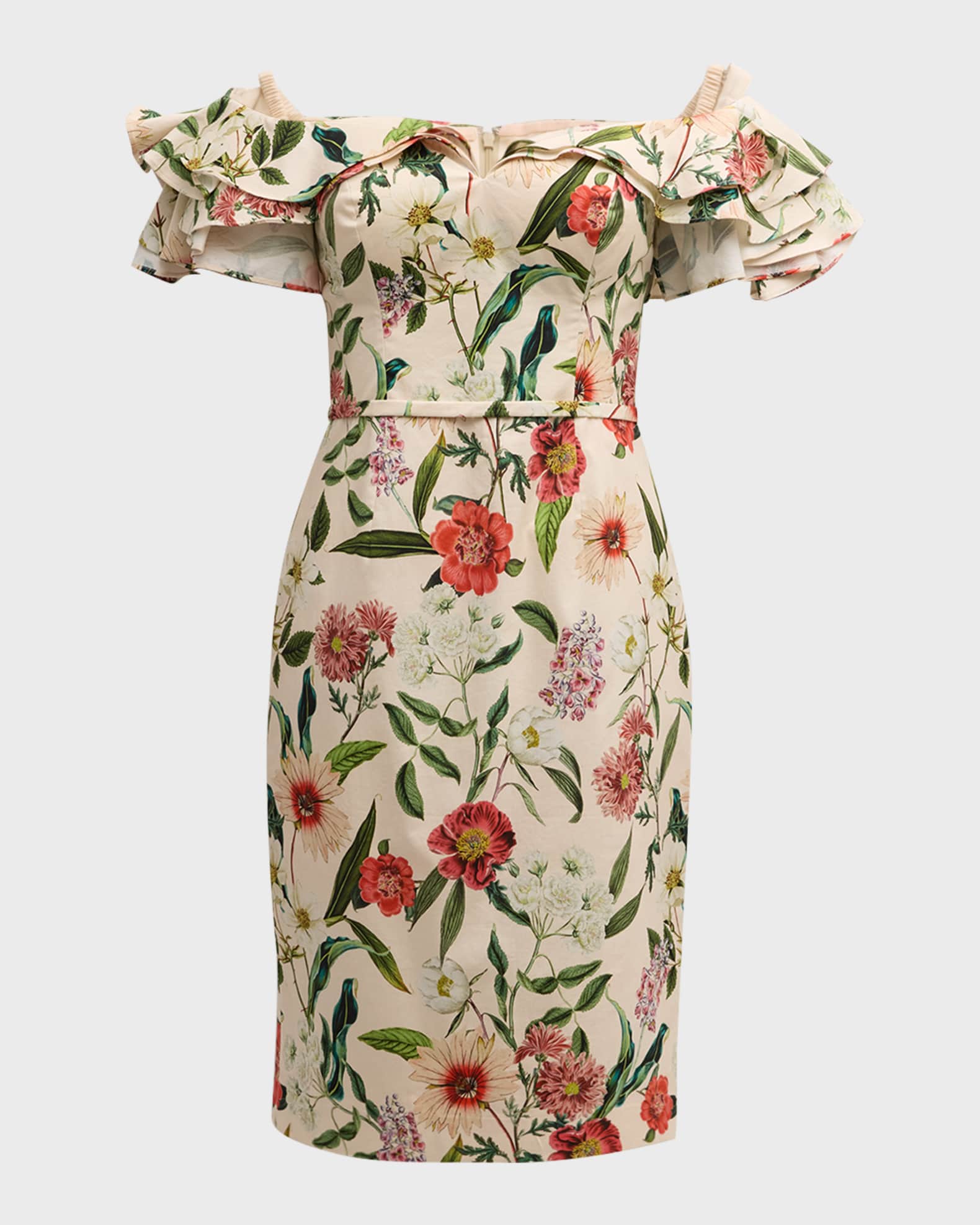 Rickie Freeman for Teri Jon Floral-Print Off-Shoulder Stretch Cotton Dress