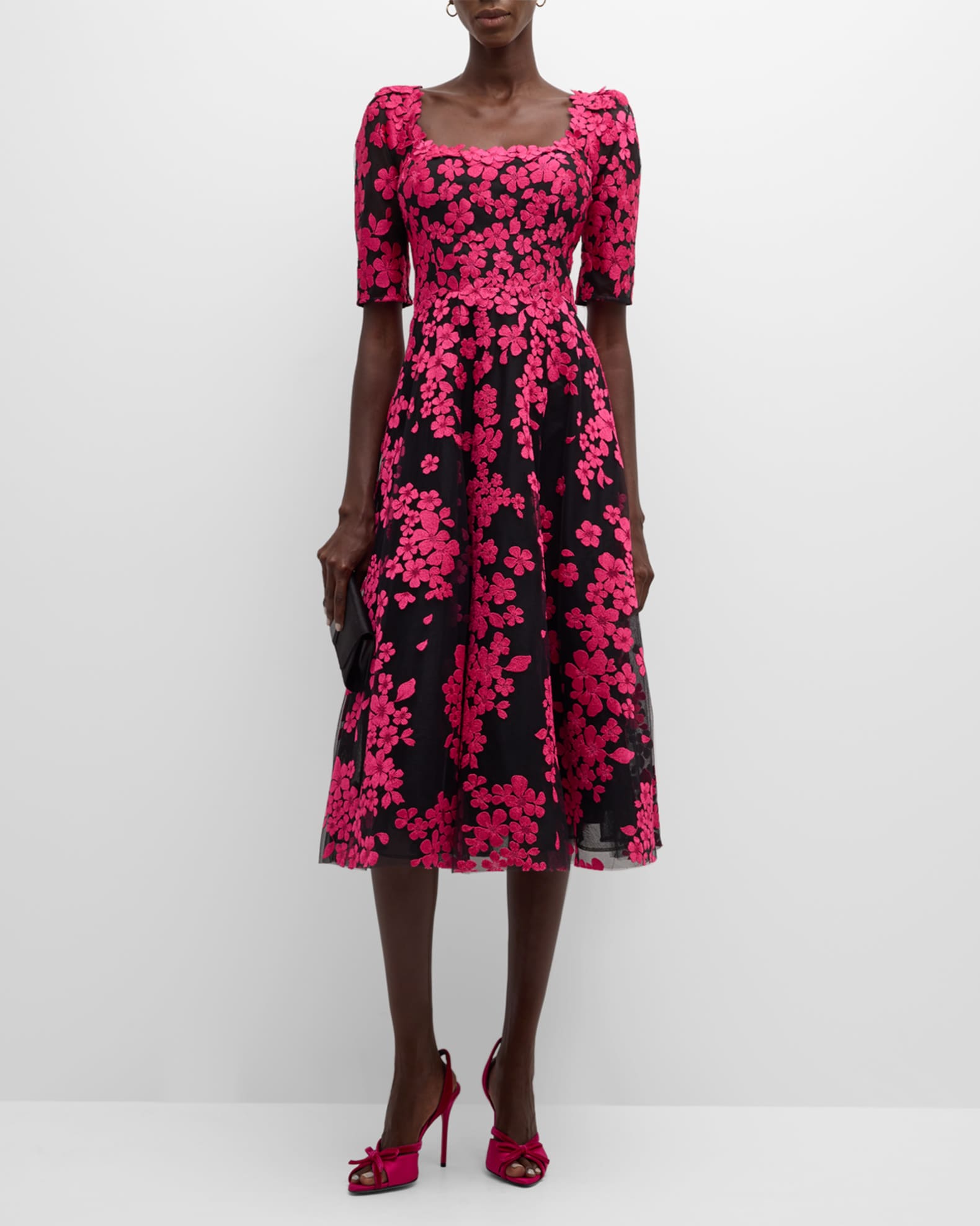 Floral-Embroidered Tulle Midi Dress 1