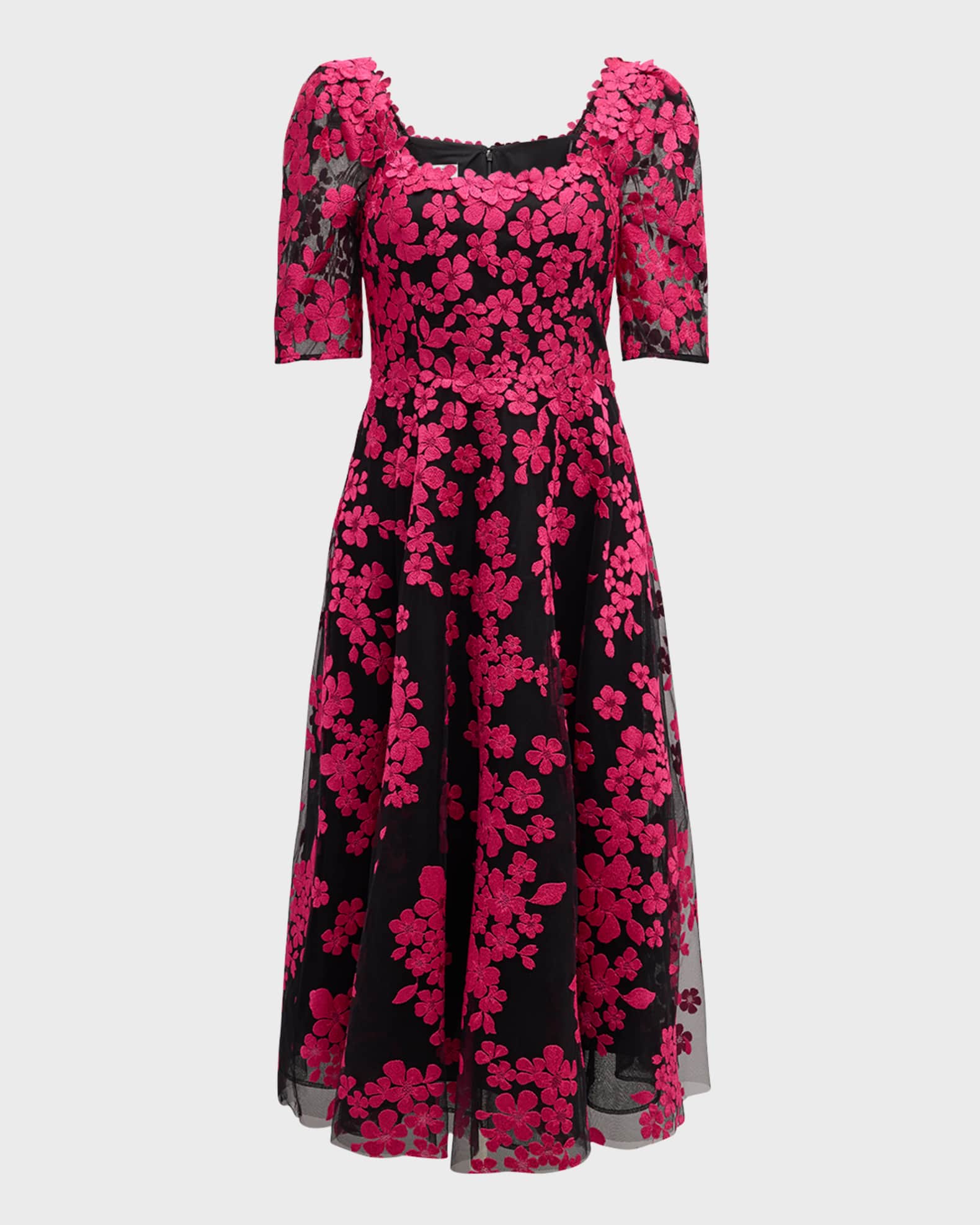 Floral-Embroidered Tulle Midi Dress 0