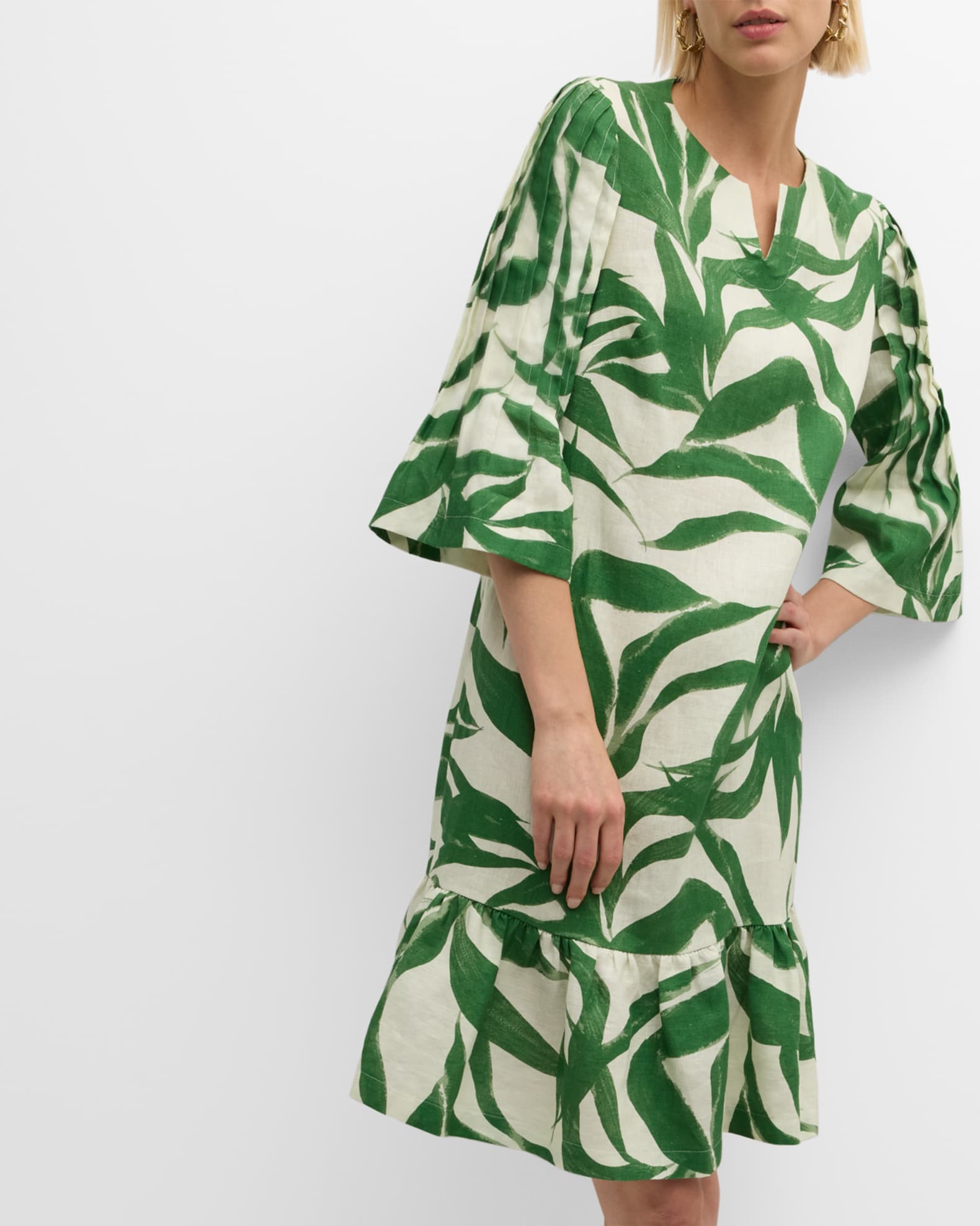 Rickie Freeman for Teri Jon Leaf-Print Ruffle Linen Dress | Neiman Marcus
