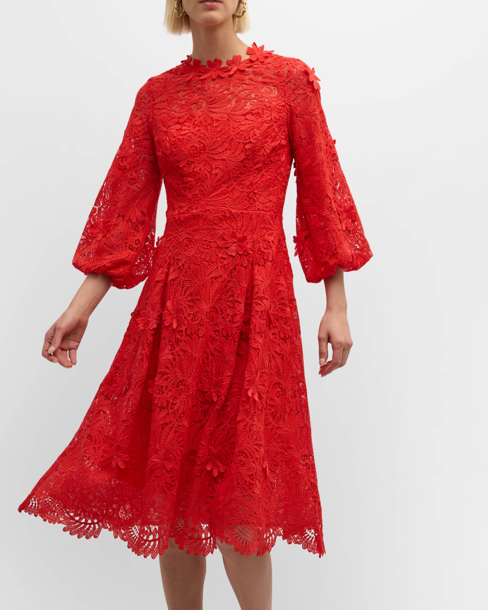 Rickie Freeman for Teri Jon Blouson-Sleeve Floral Lace Midi Dress ...