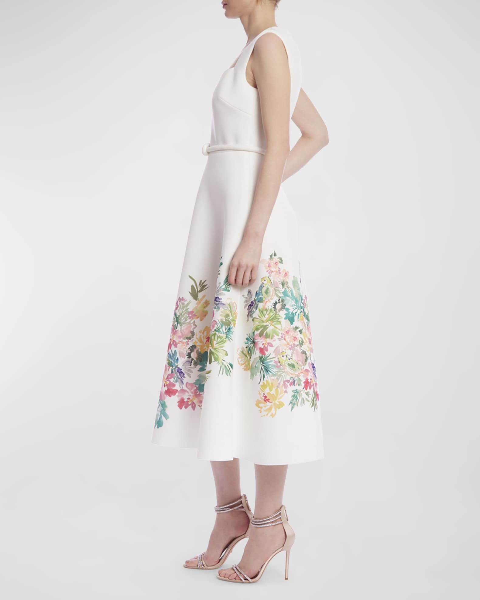 Badgley Mischka Collection Square-Neck Floral-Print Midi Dress | Neiman ...