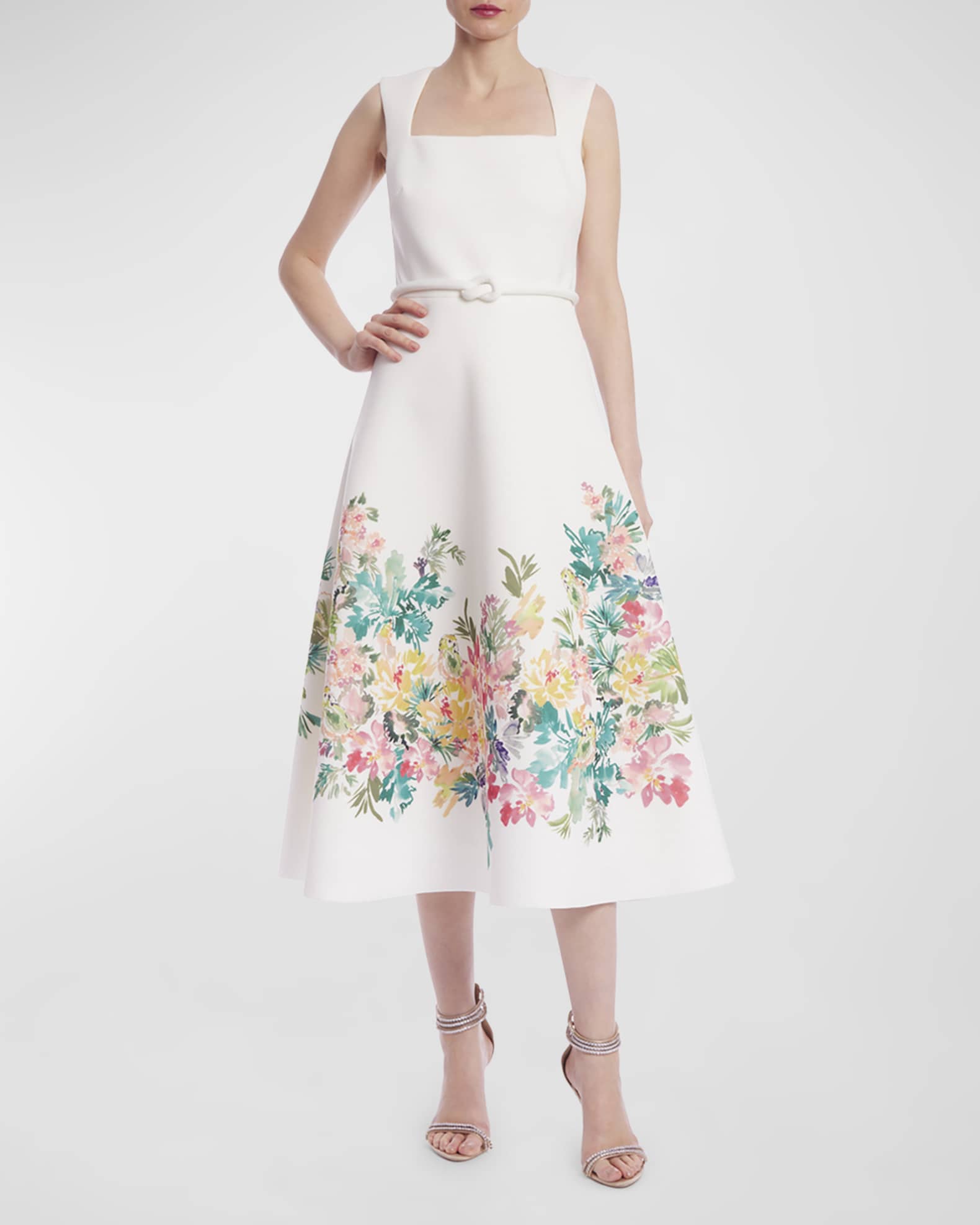 Badgley Mischka Floral print Midi Dress Ivory Multi