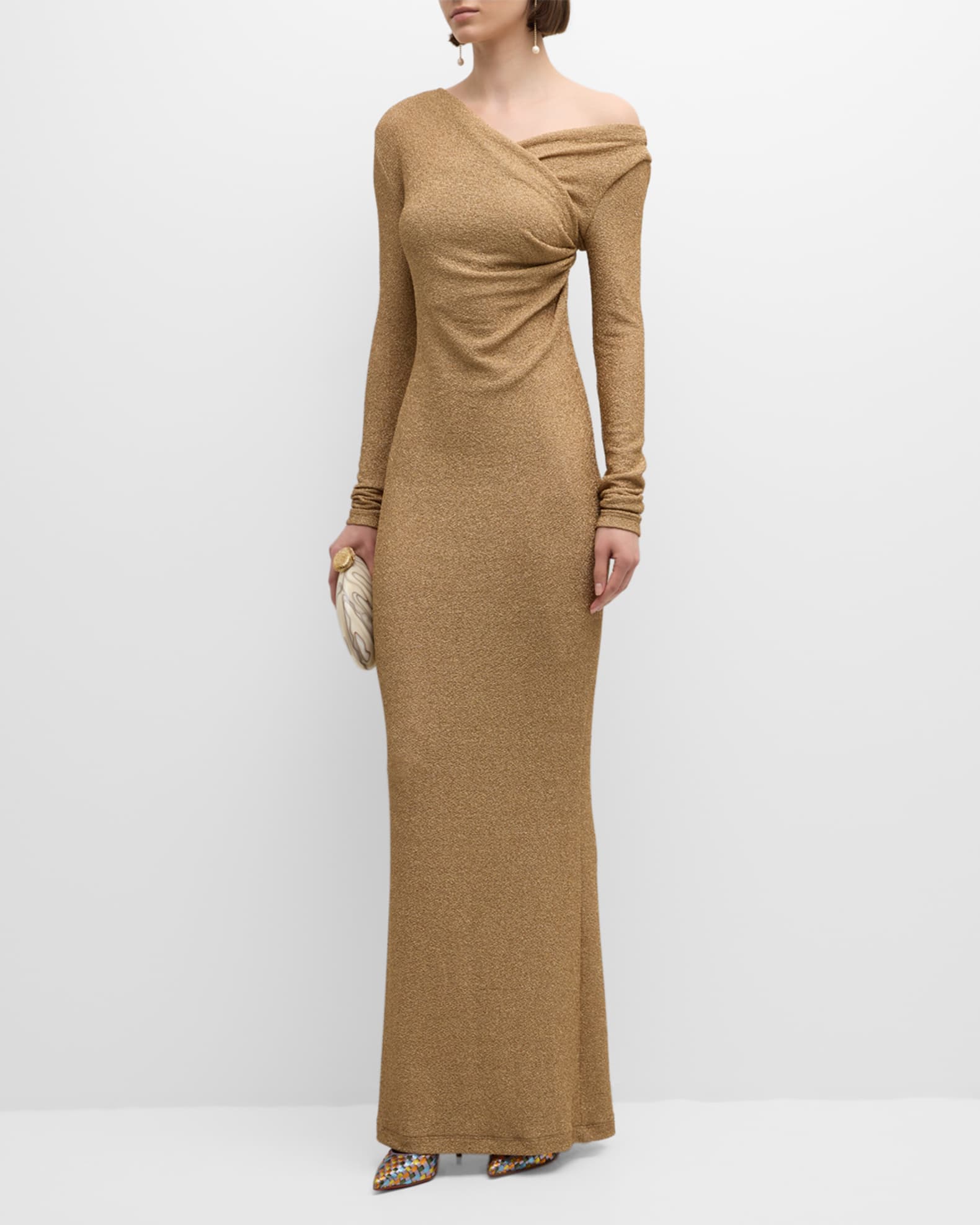 Long Sleeve Draped Shoulder Metallic Gown