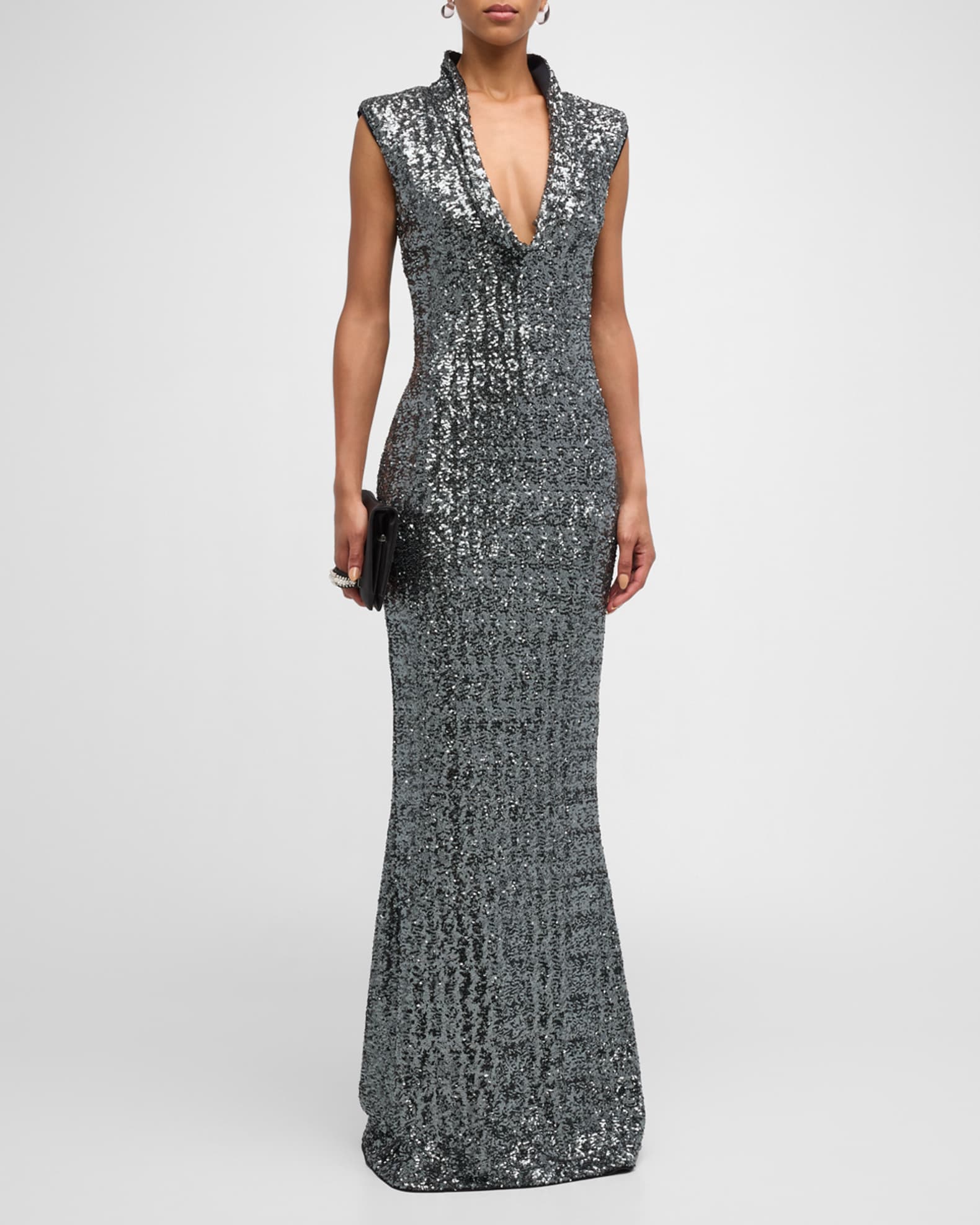 Chiara Boni La Petite Robe Cowl Neck Sequin Column Gown Neiman Marcus
