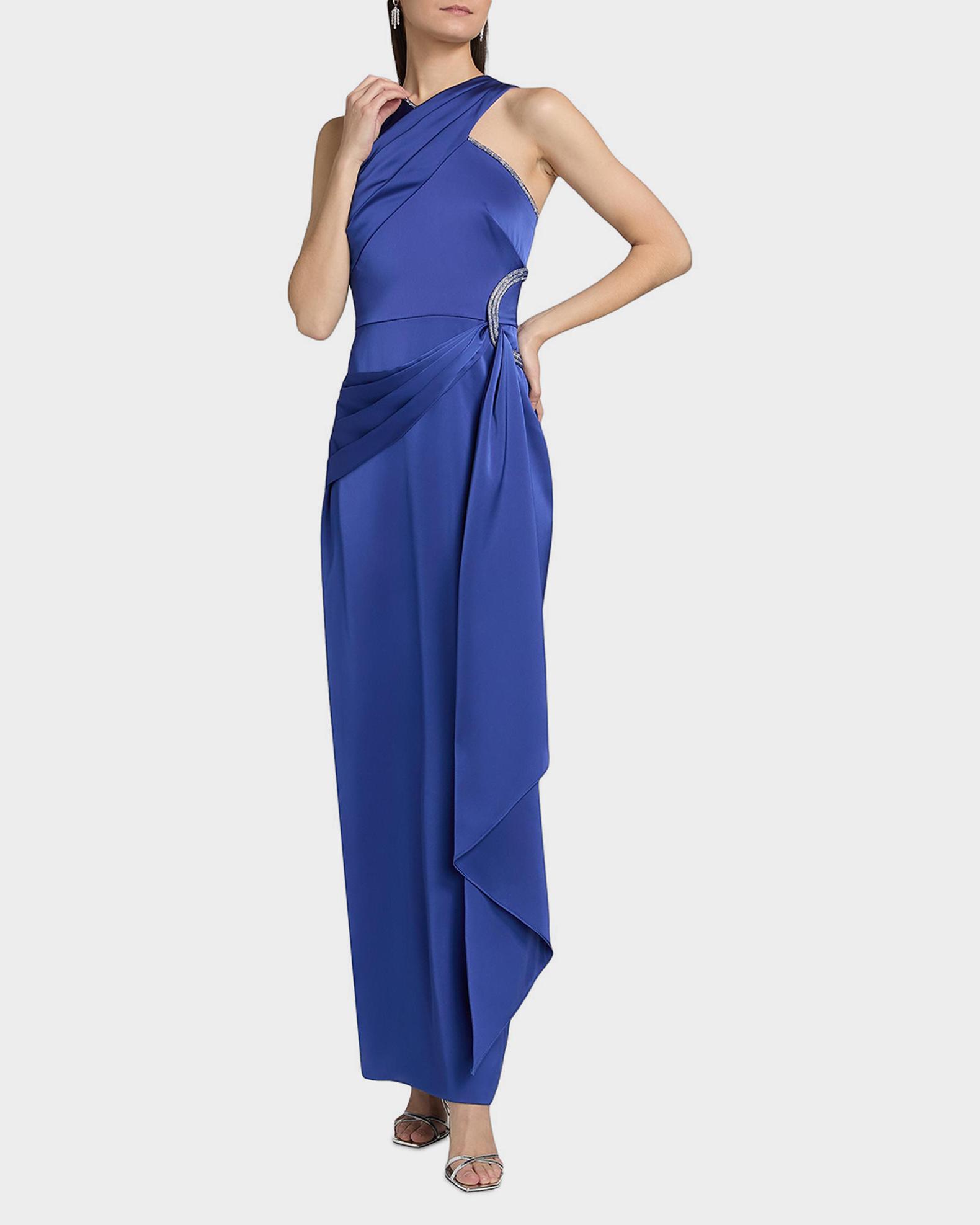 theia bridesmaid dresses Cressida Halter Column Gown - Maritime Blue Mozision Dark Blue Two sizechart_mavis-knit-dress-size-chart garden parties US Sizes:6.5 Women's