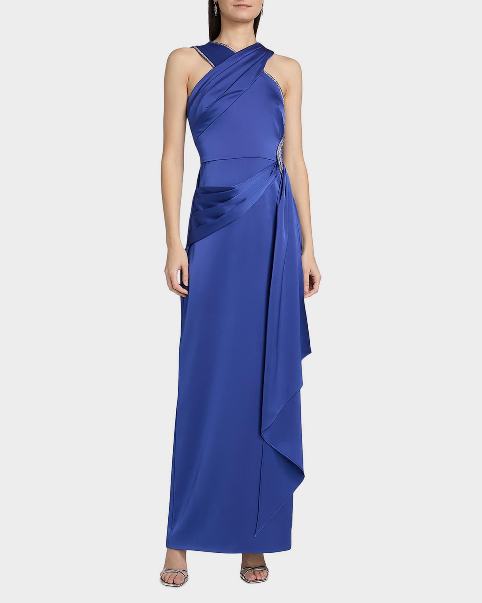 インザムードドレス Theia Cressida Rhinestone-Trim Halter Column Gown | Neiman Marcus
