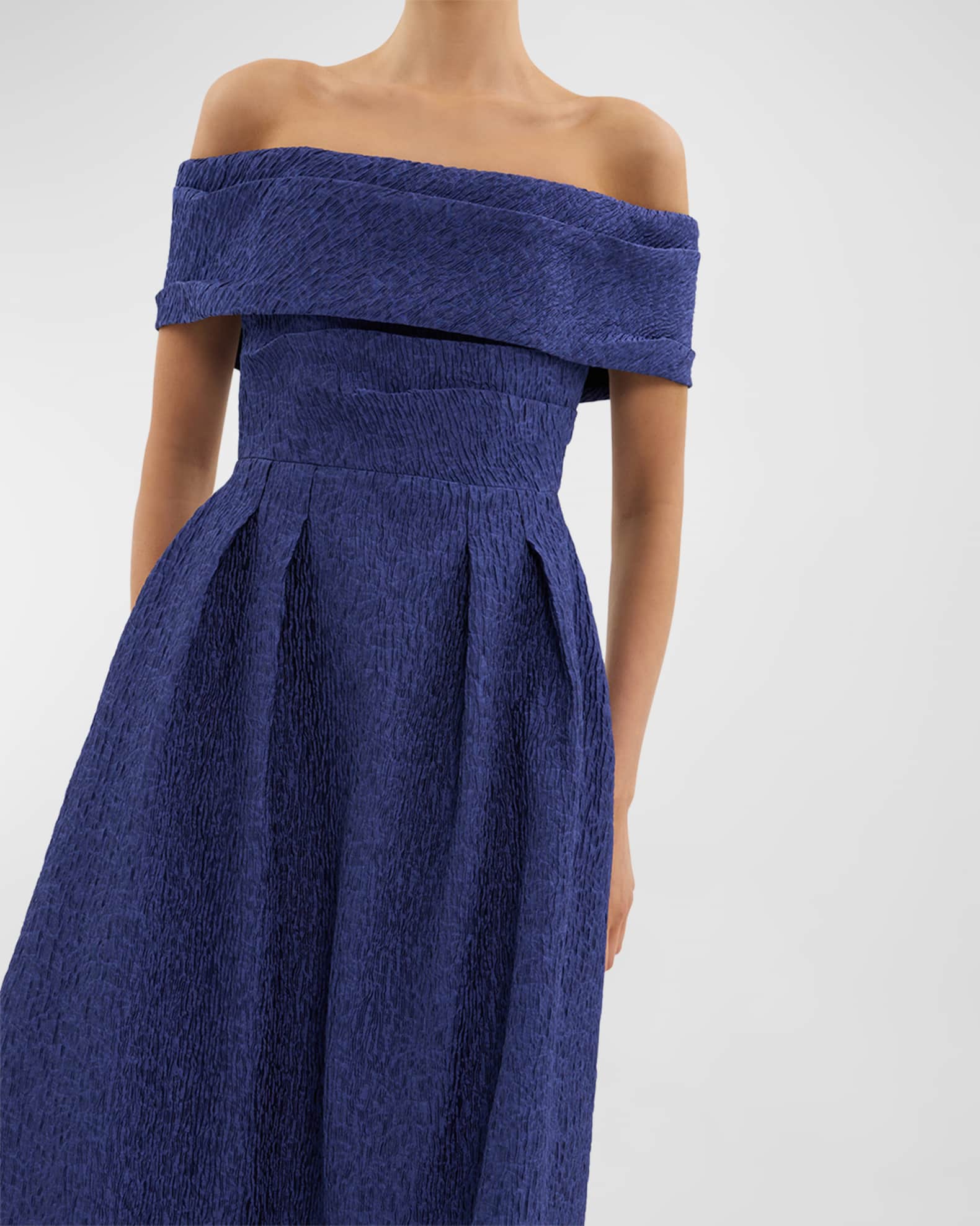 Rebecca Vallance Helene Pleated Off Shoulder Jacquard Midi Dress Blue