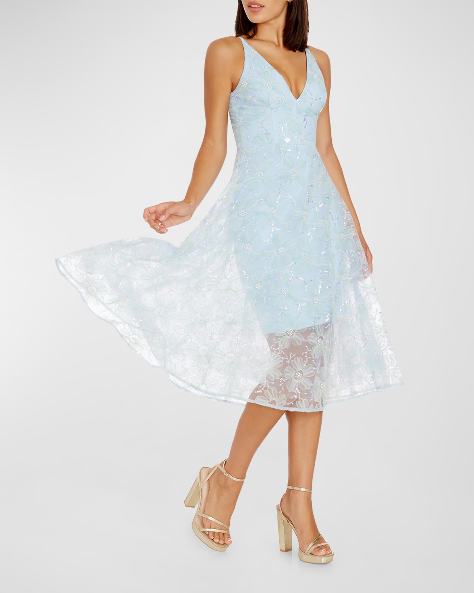 Audrey Bead Sequin Floral Applique Midi Dress