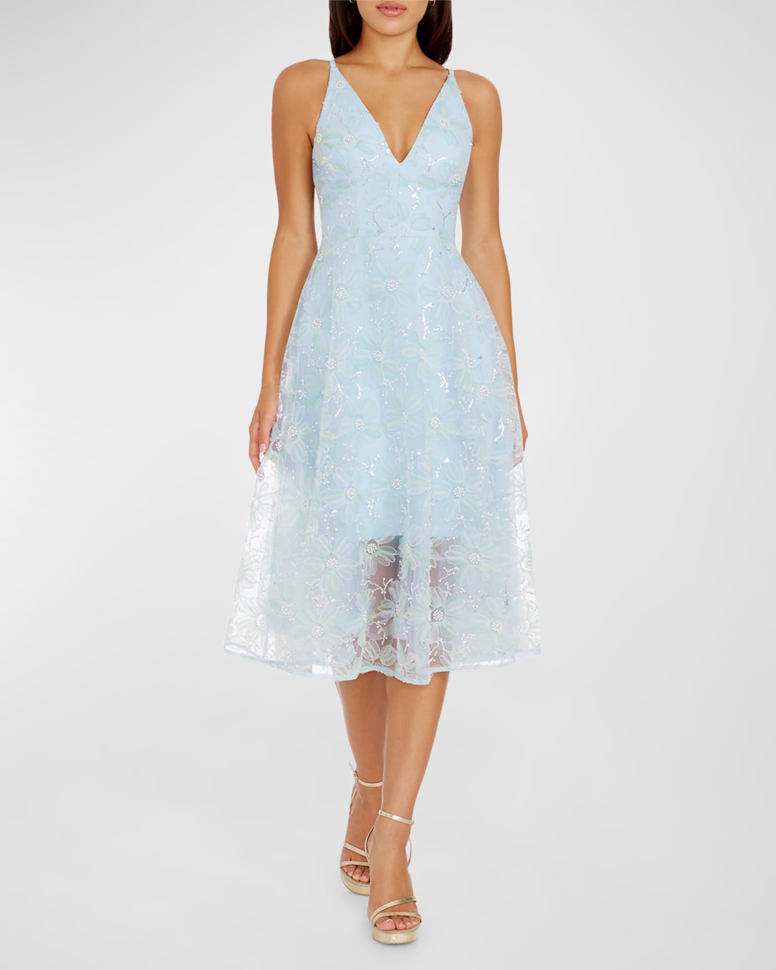 Audrey Bead Sequin Floral Applique Midi Dress