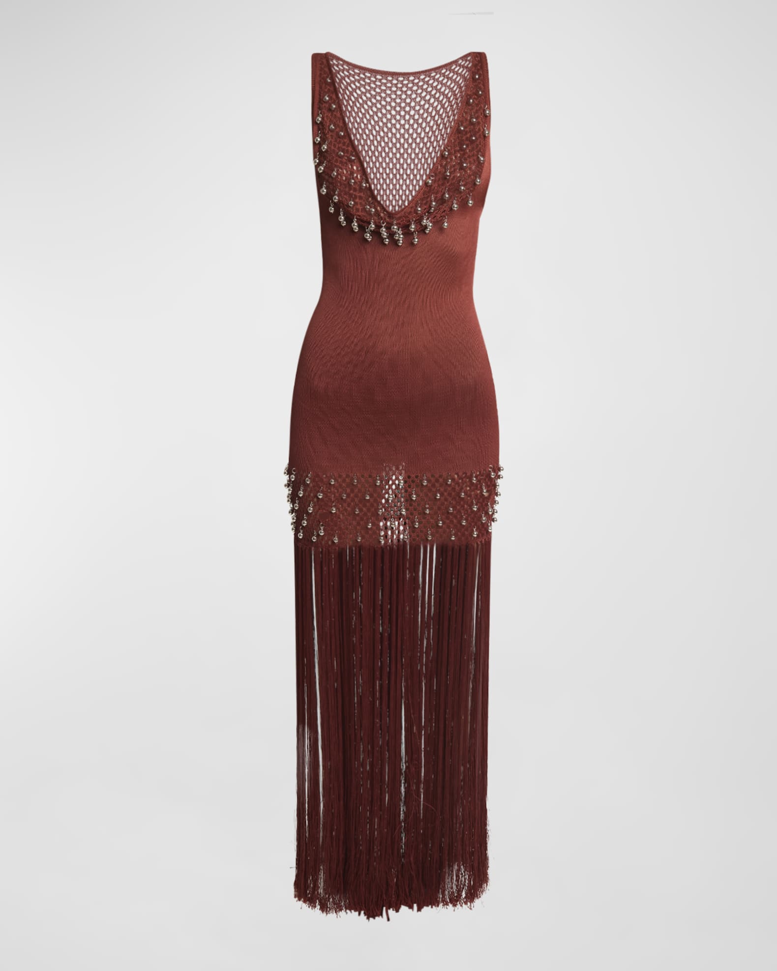 Plunging Beaded Crochet Knit Fringe Maxi Dress