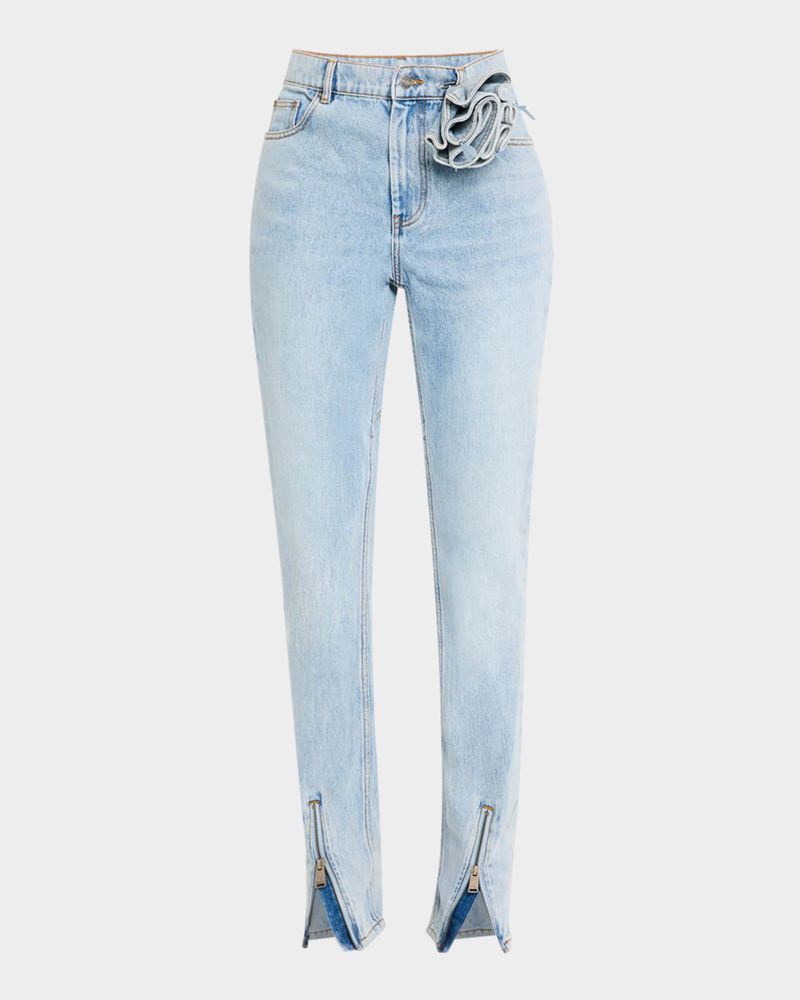 Flower Corsage Zip Hem Skinny Leg Jeans