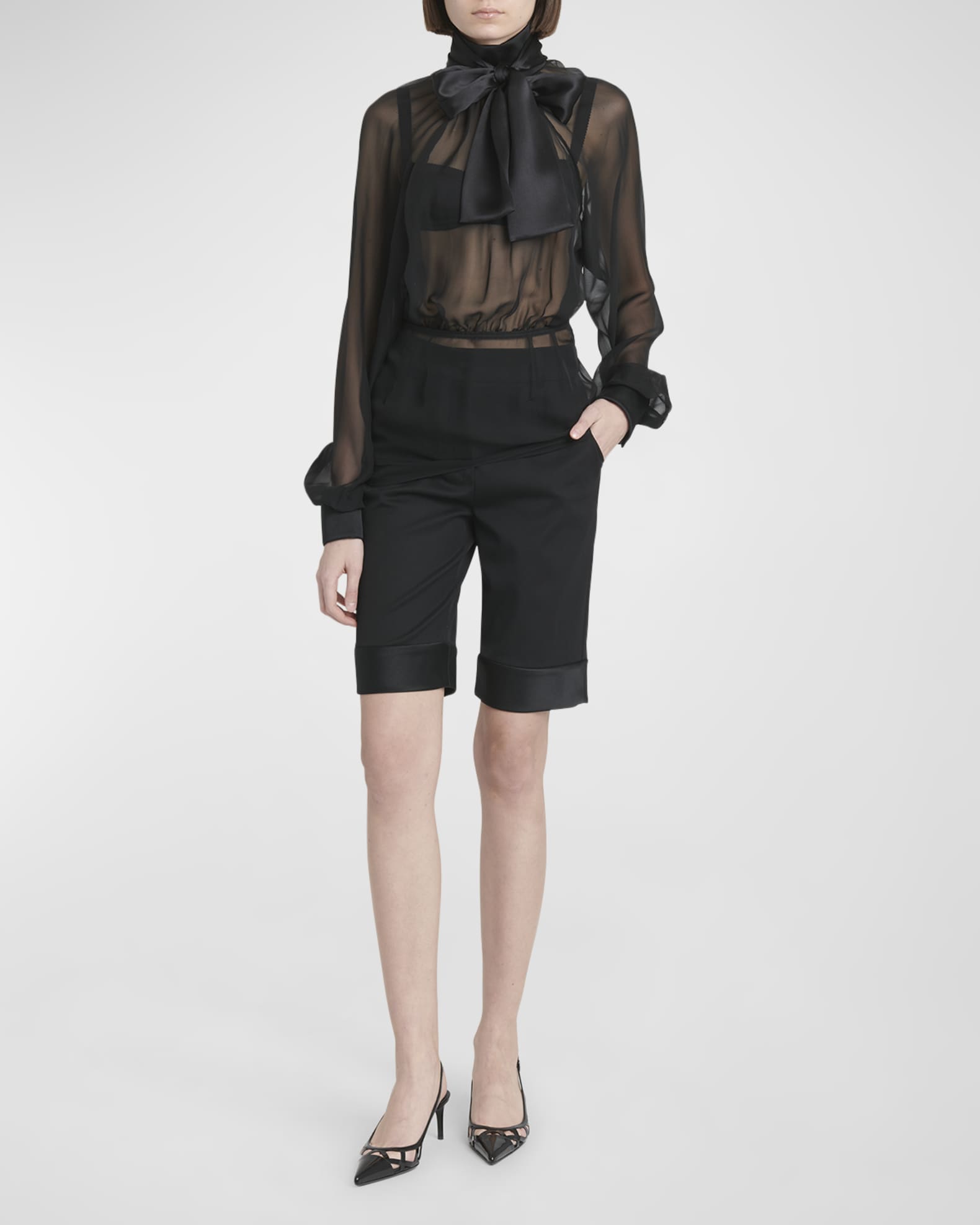 Satin Neck-Bow Long-Sleeve Chiffon Top 1