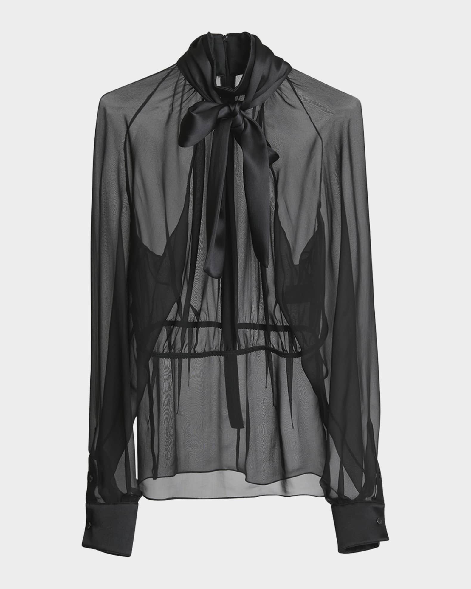 Satin Neck-Bow Long-Sleeve Chiffon Top 0