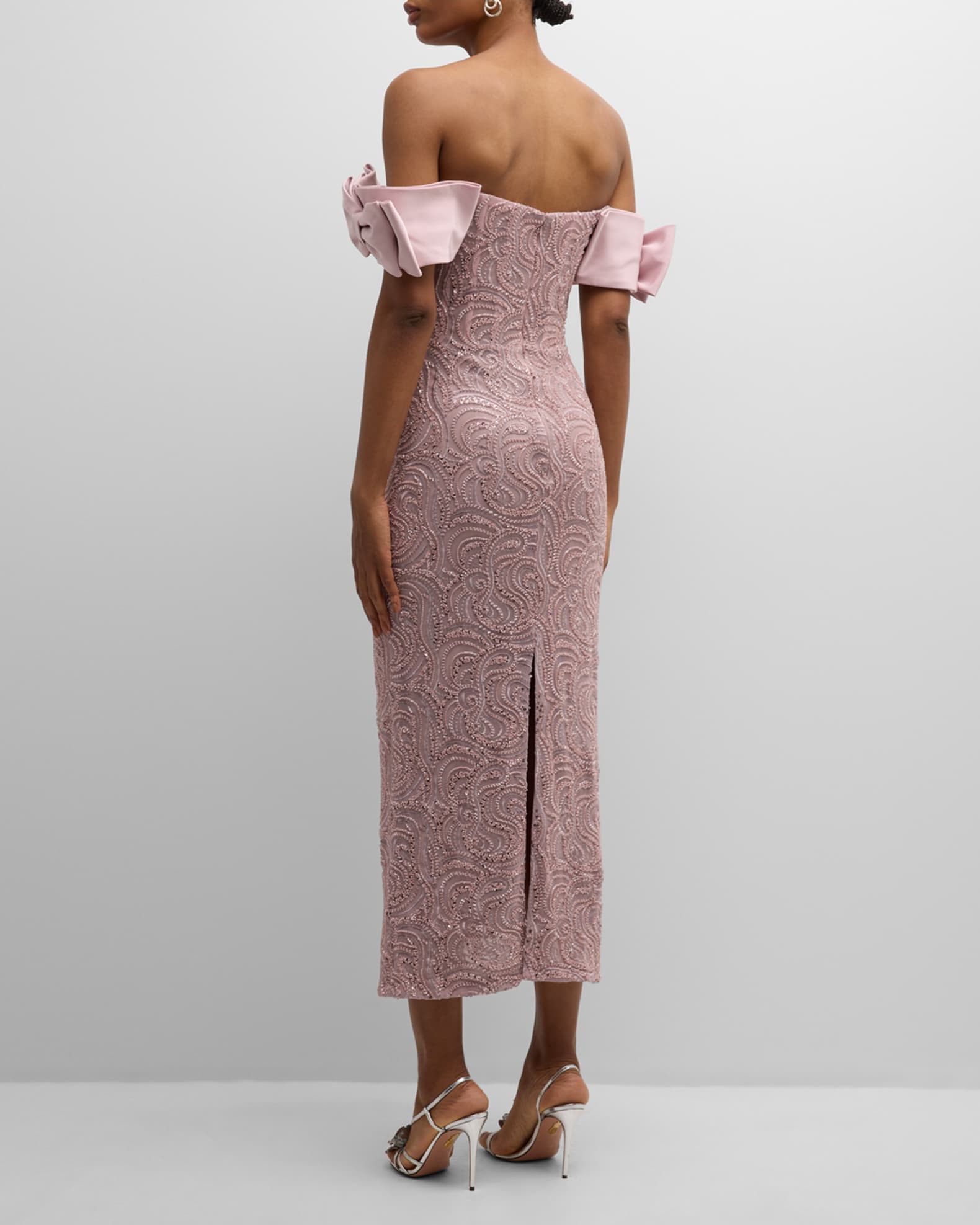 Beaded Off Shoulder Column Midi Dress