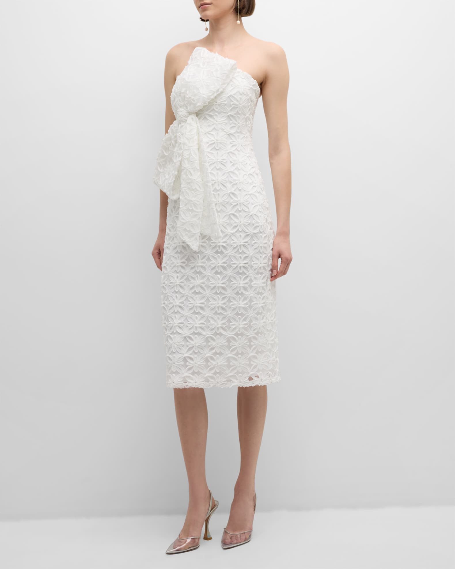 Jovani Strapless Bow Front Applique Midi Dress Neiman Marcus