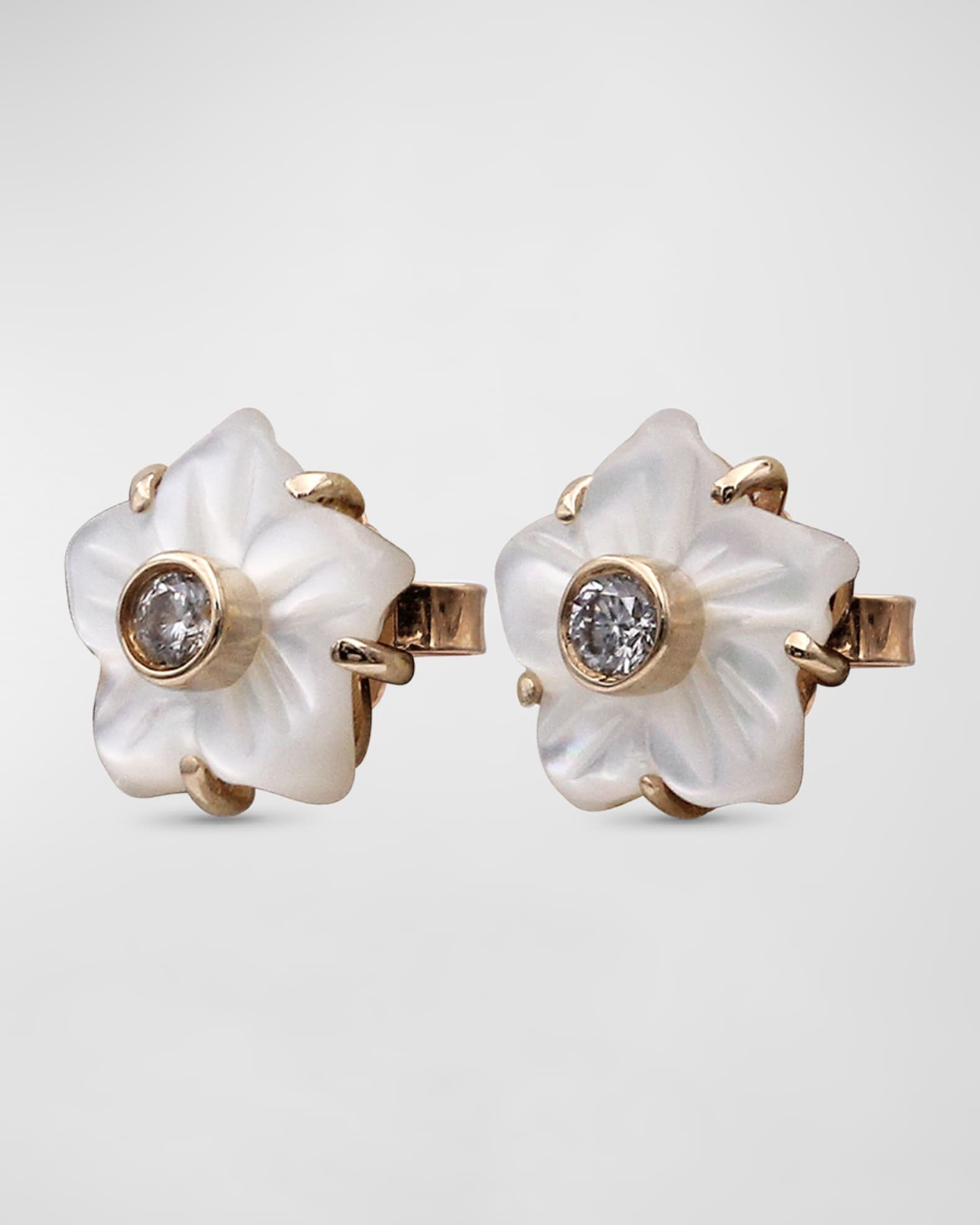 White Mother of Pearl and White Diamond Stud Earrings in 18K Gold 1
