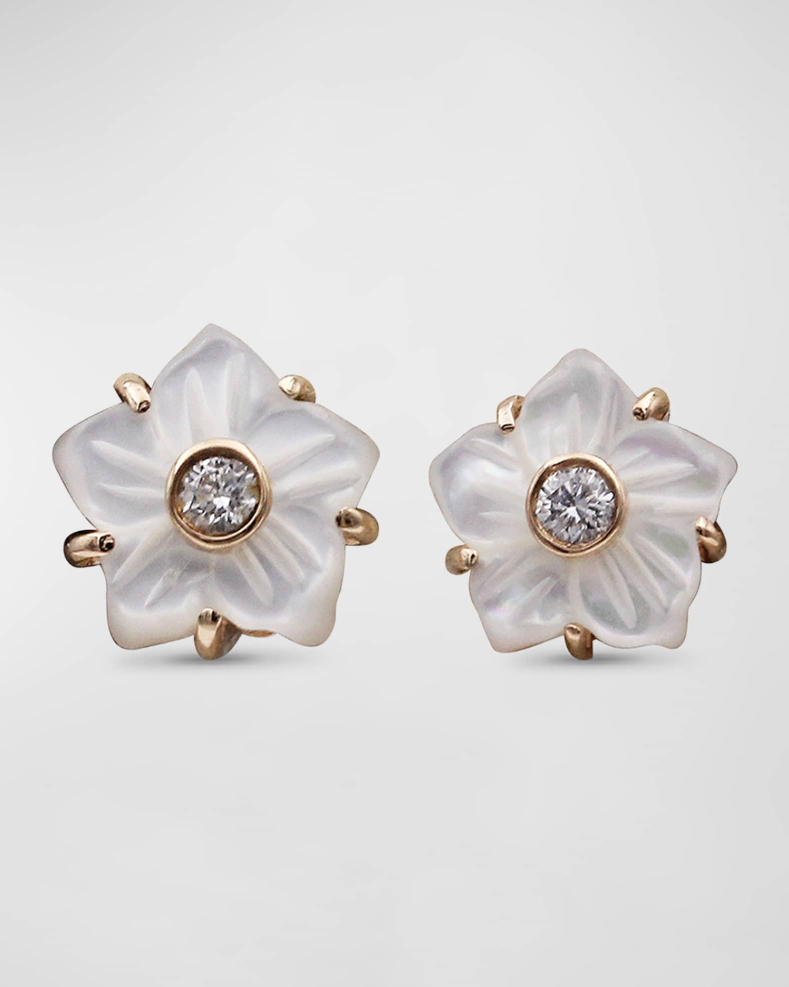 White Mother of Pearl and White Diamond Stud Earrings in 18K Gold 0