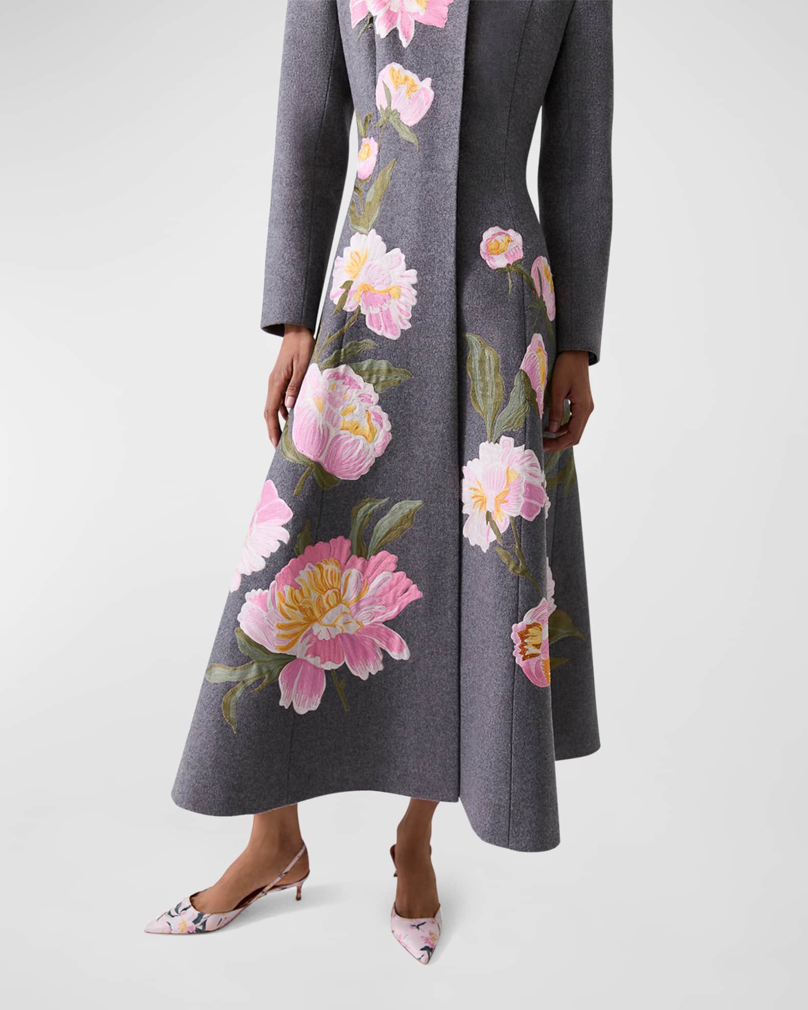 Floral Embroidered Strong Shoulder Collarless A Line Coat