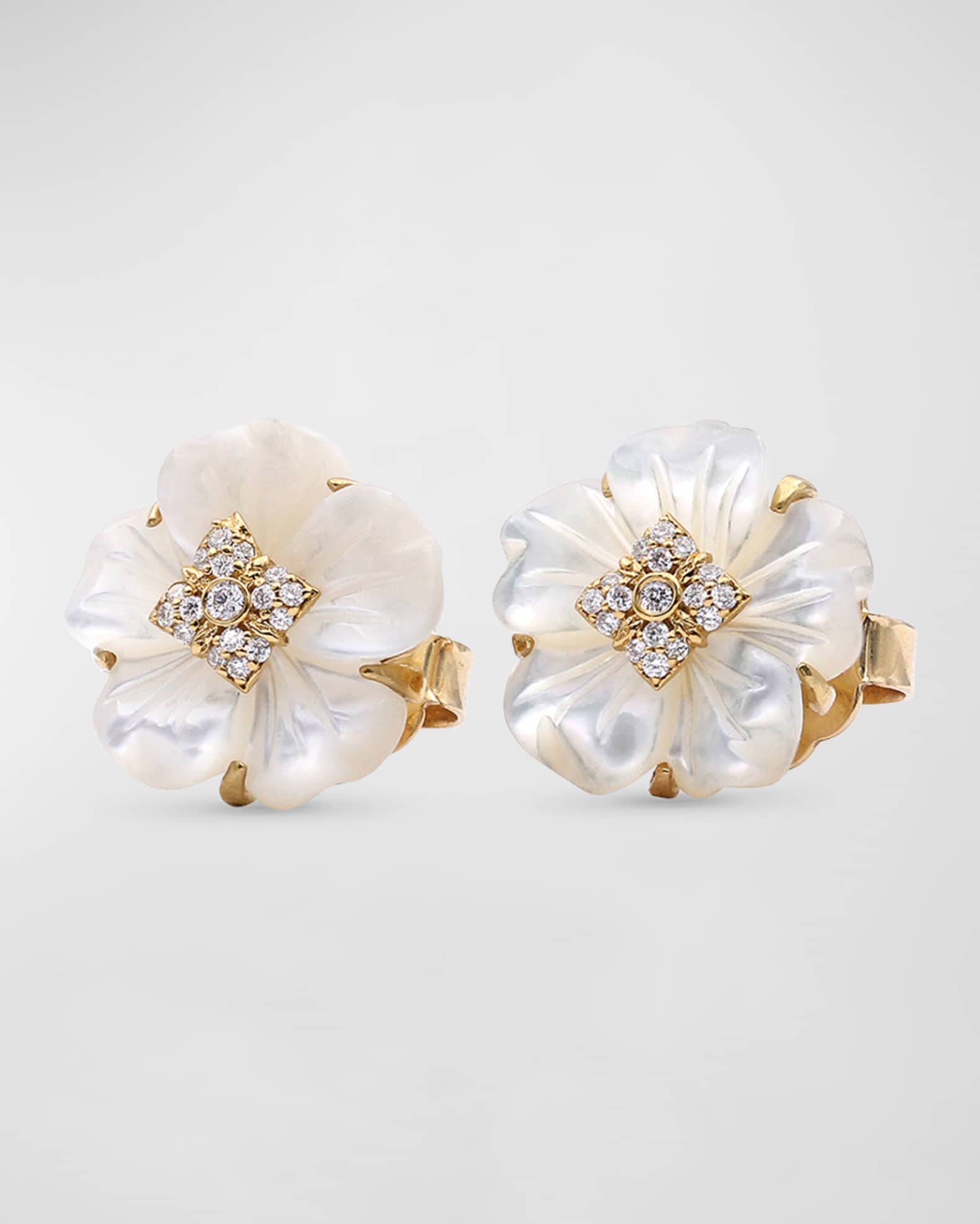 White Mother of Pearl and White Diamond Stud Earrings in 18K Gold 1