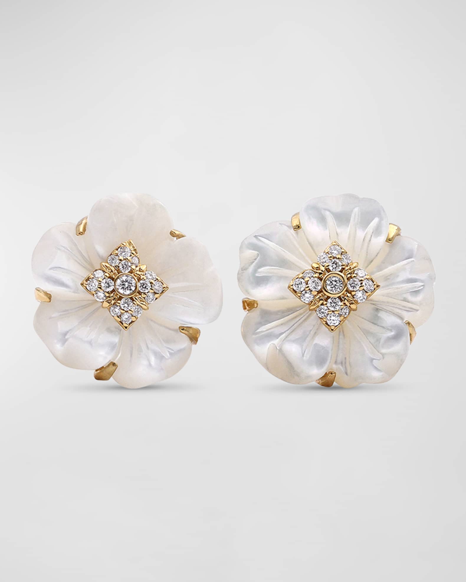 White Mother of Pearl and White Diamond Stud Earrings in 18K Gold 0