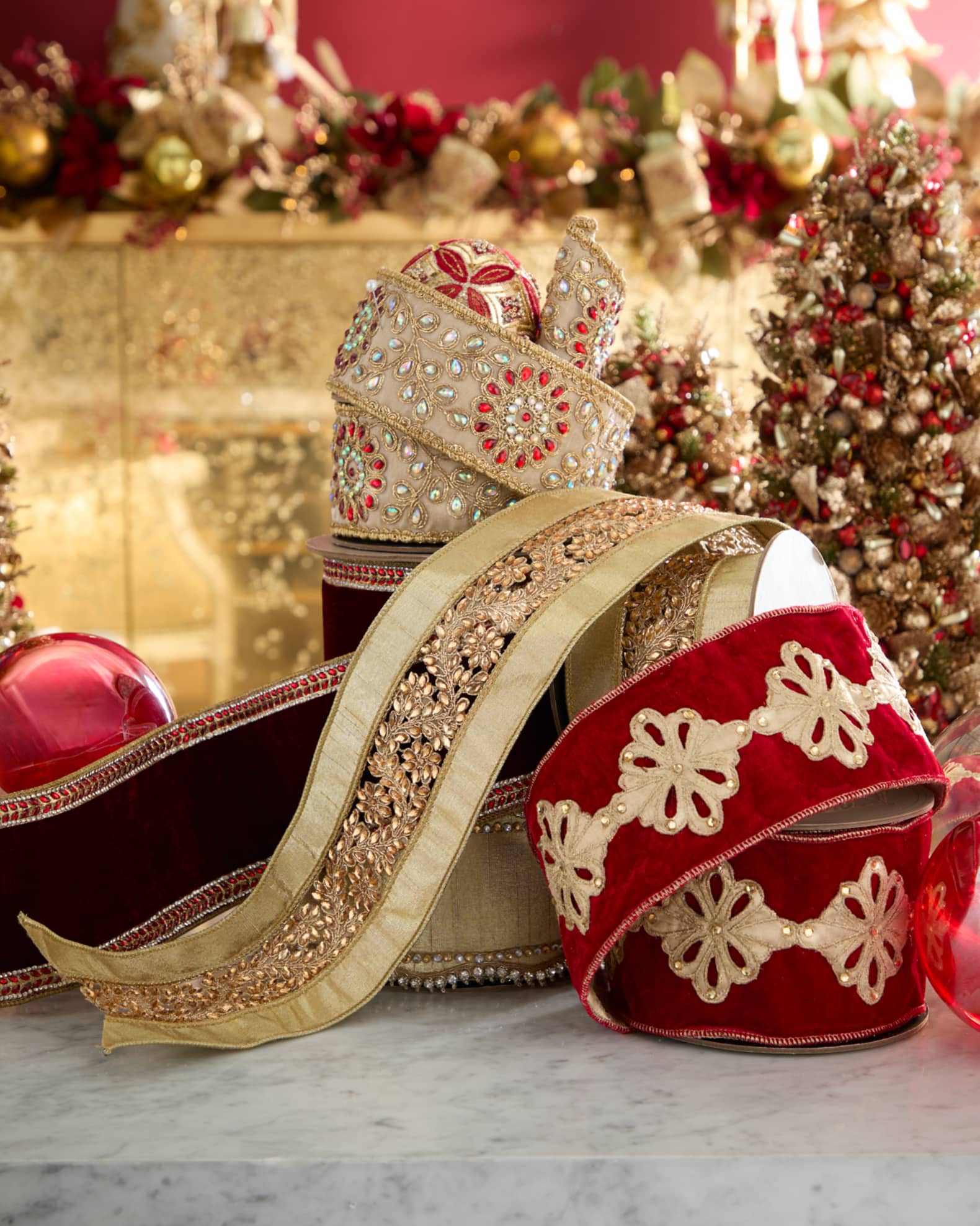 Merry Christmas Embroidered on Red Velvet with Gold Back Ribbon main image 1