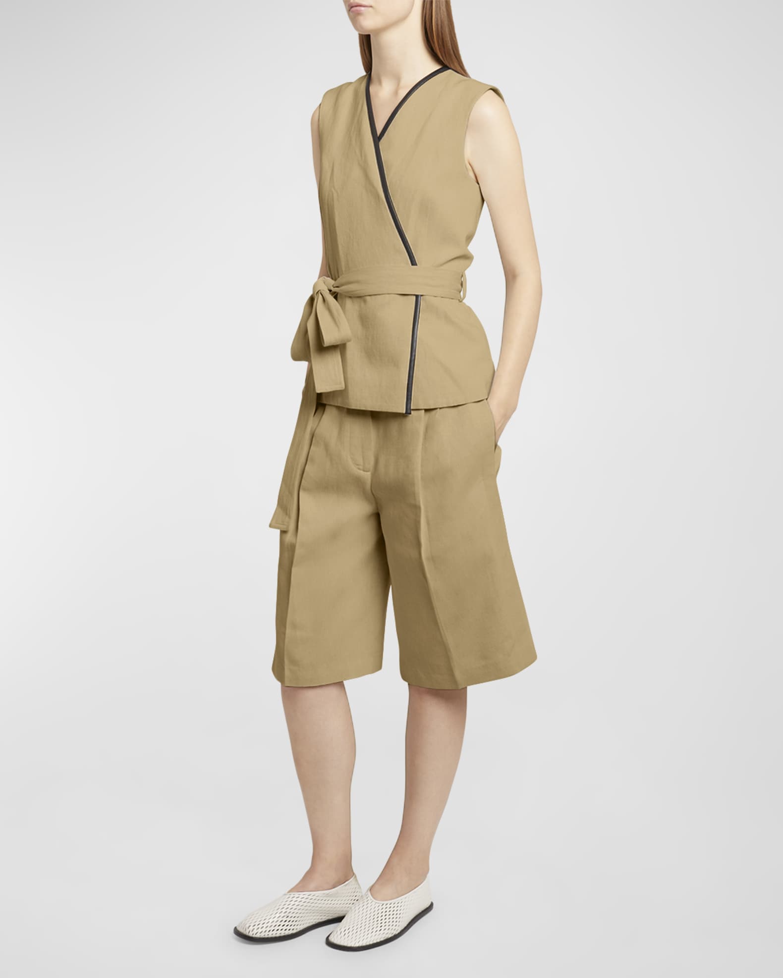 Elliot Leather-Piping Belted Cotton-Linen Sleeveless Wrap Top 1