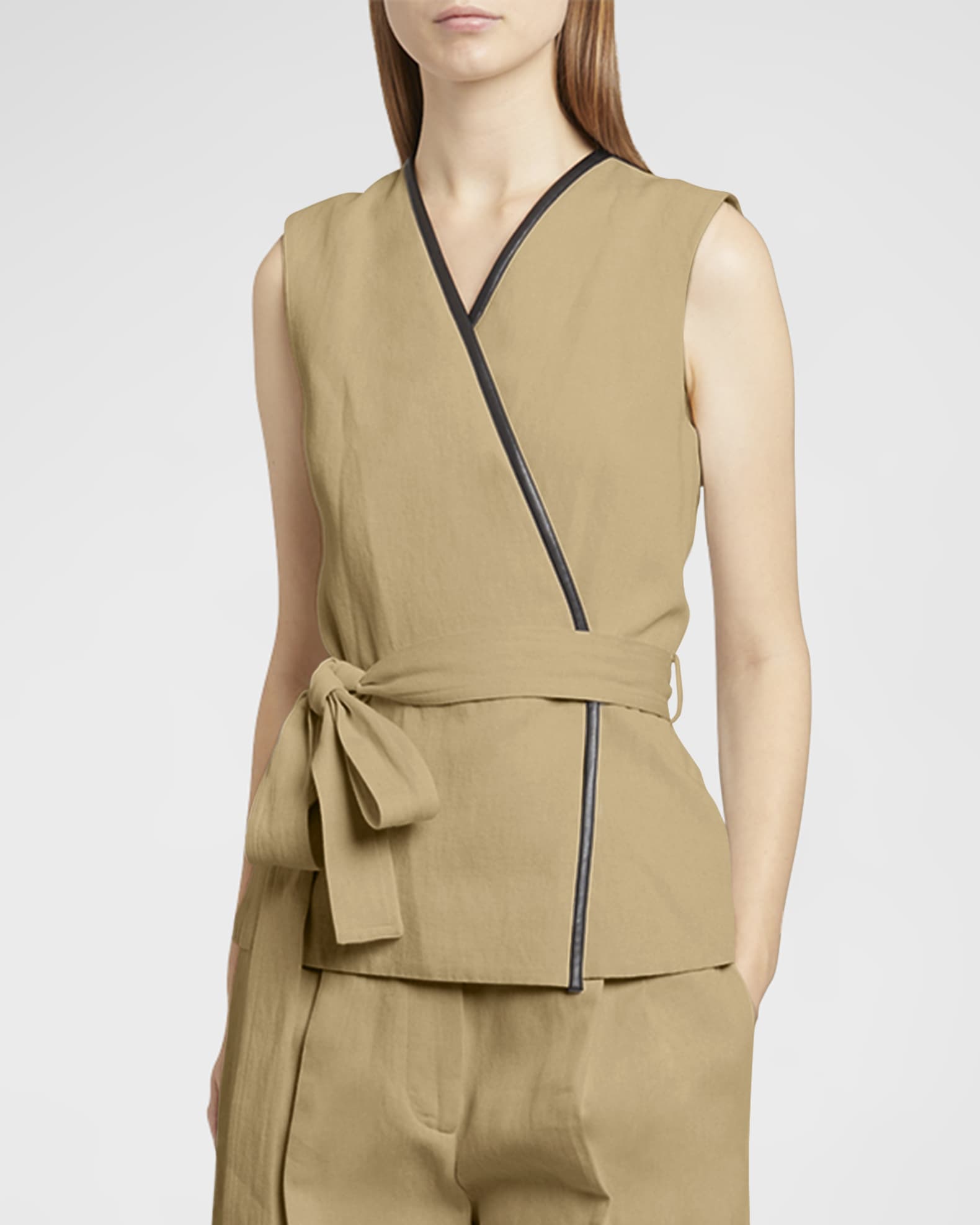 Elliot Leather-Piping Belted Cotton-Linen Sleeveless Wrap Top 0