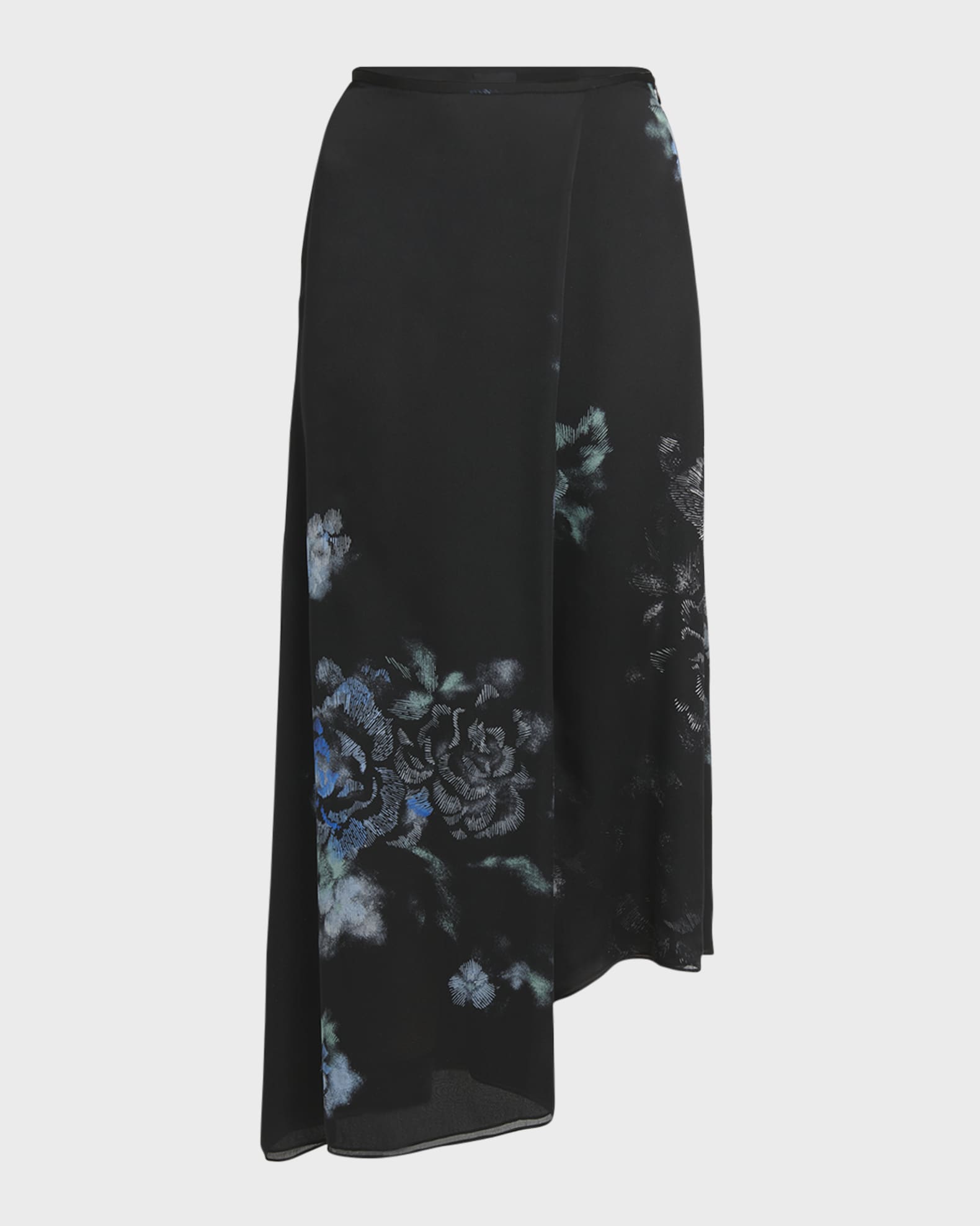 Giorgio Armani Floral Print Silk Wrap effect Midi Skirt Solid Black